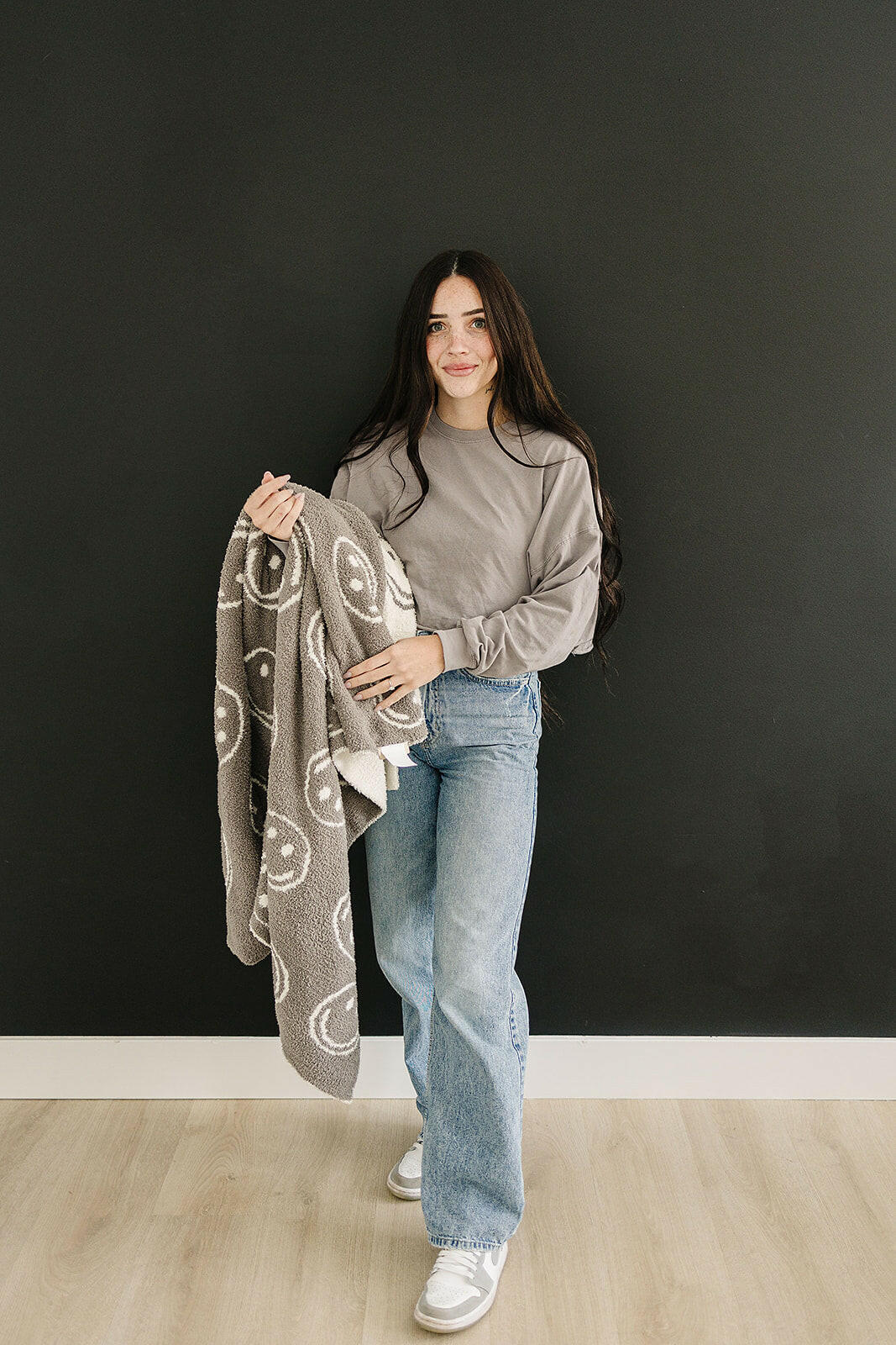 Charcoal Smiley Taupe Plush Blanket  Mebie Baby