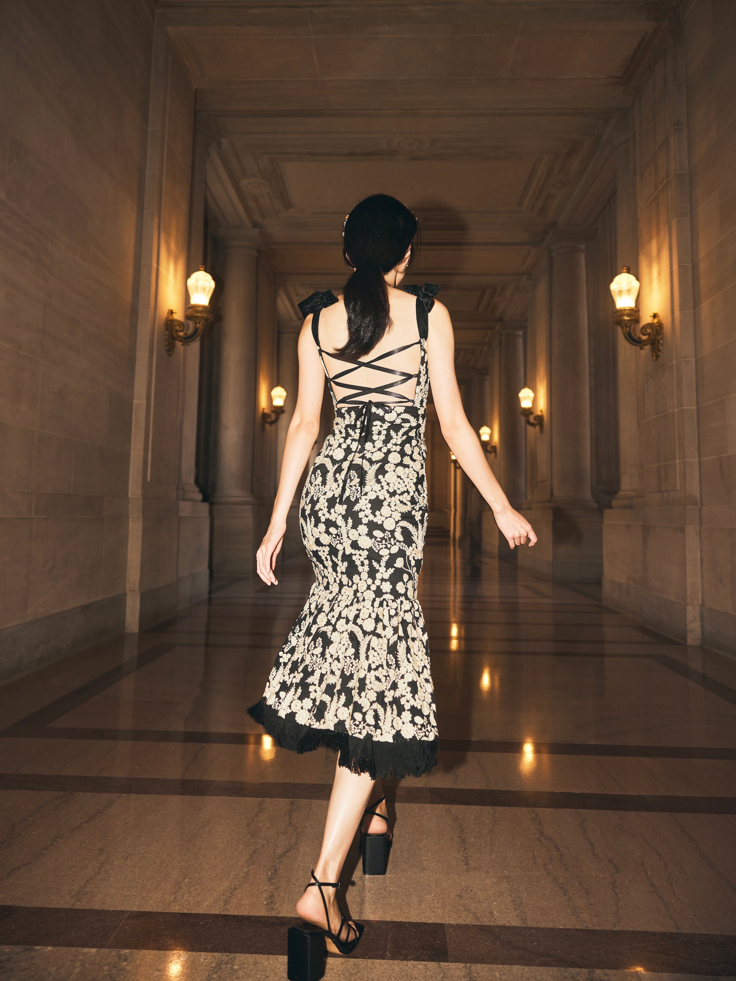 Doris Embroidered Fringe Midi Dress - Midnight/Cream Floral embroidery