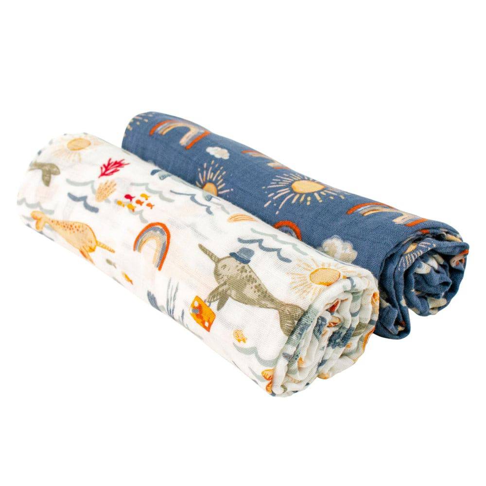 Muslin Swaddle Blanket Set Premium Cotton Narwhal + Hello Sunshine Swaddle Blanket Bebe au Lait