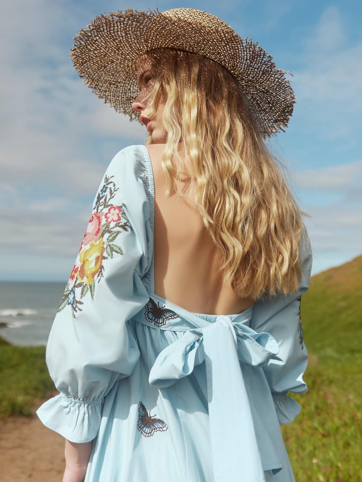 Jocelyn Puff Sleeve Fringe Dress - Light Prussian Blue/Multicolor Butterfly Embroidery