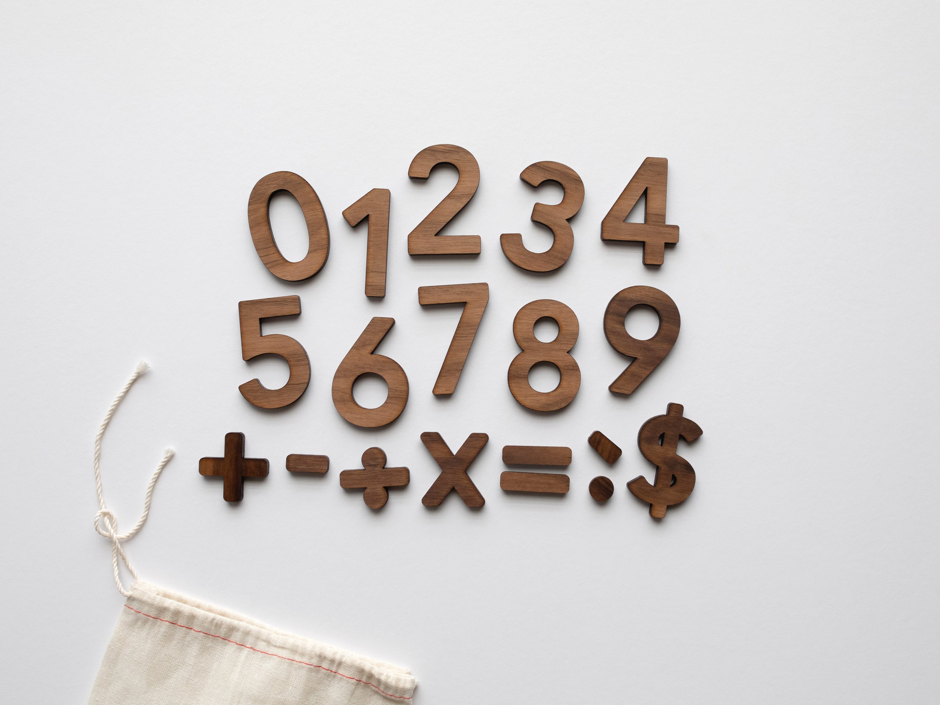 Wooden Number Set • Wood Numerals & Math Symbols in Walnut