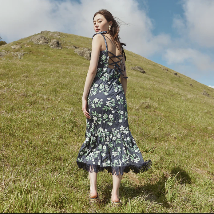 Desirae Embroidered Fringe Midi Dress - Dark Blueberry/Ivory Ditsy Floral Embroidery