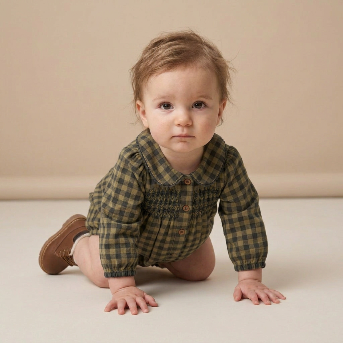 Organic Smocked Long Sleeve Bubble Romper - Olive Gingham