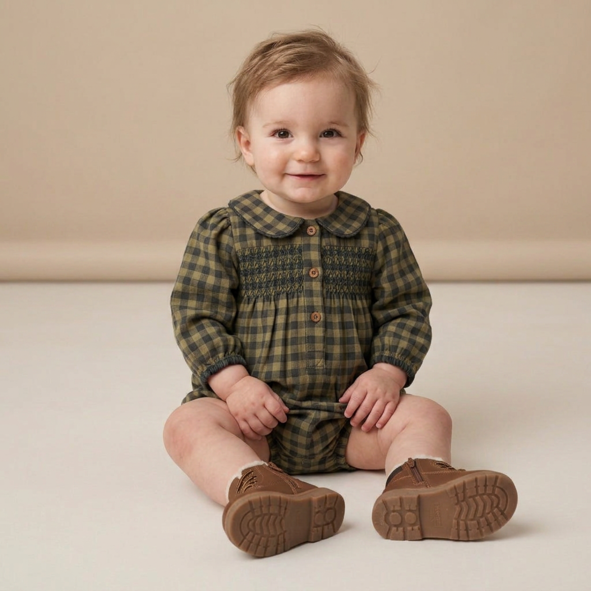 Organic Smocked Long Sleeve Bubble Romper - Olive Gingham