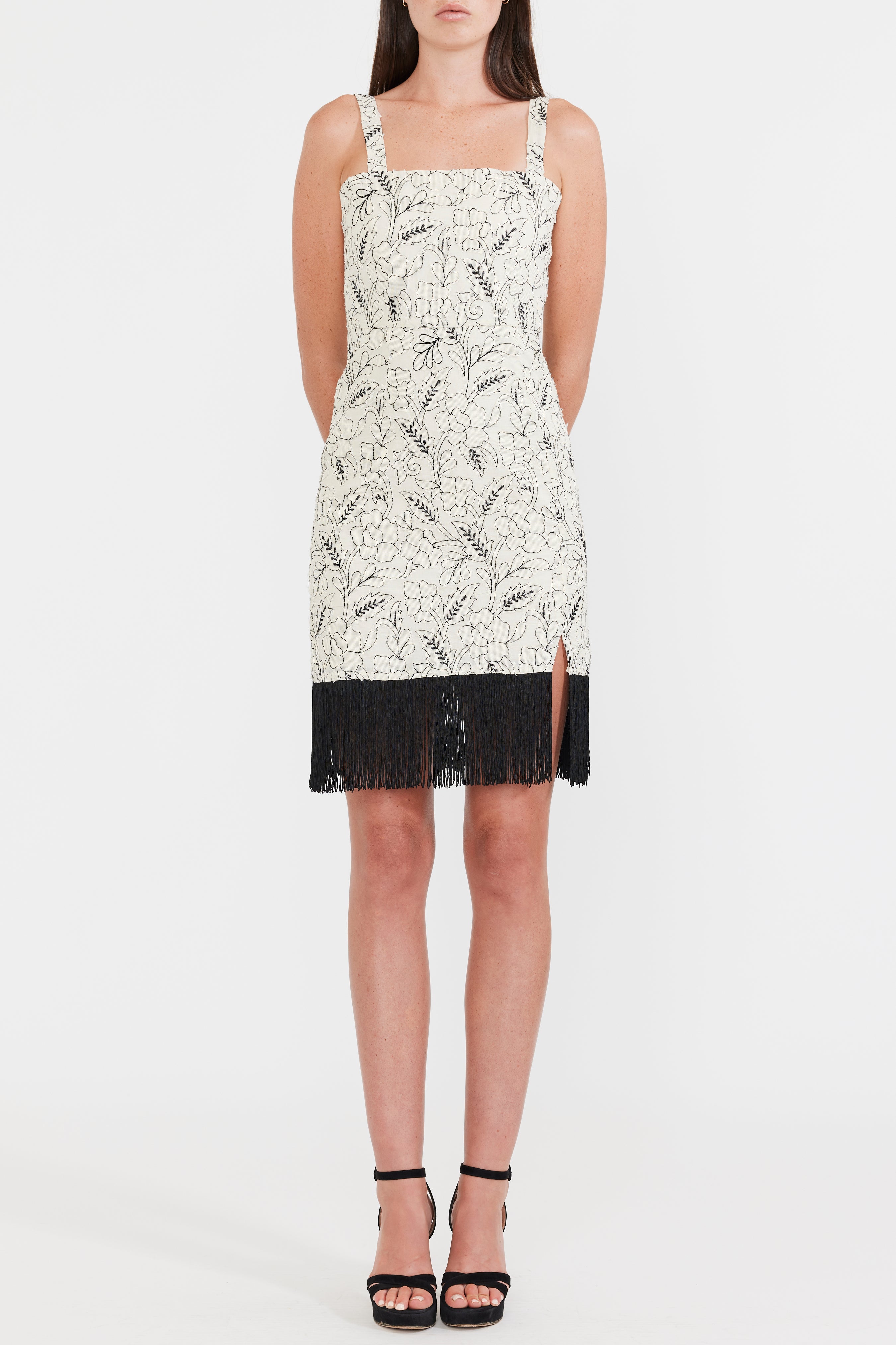 Avery Embroidered Fringe Mini Dress - Sand/Moonless Night Floral Outline Embroidery