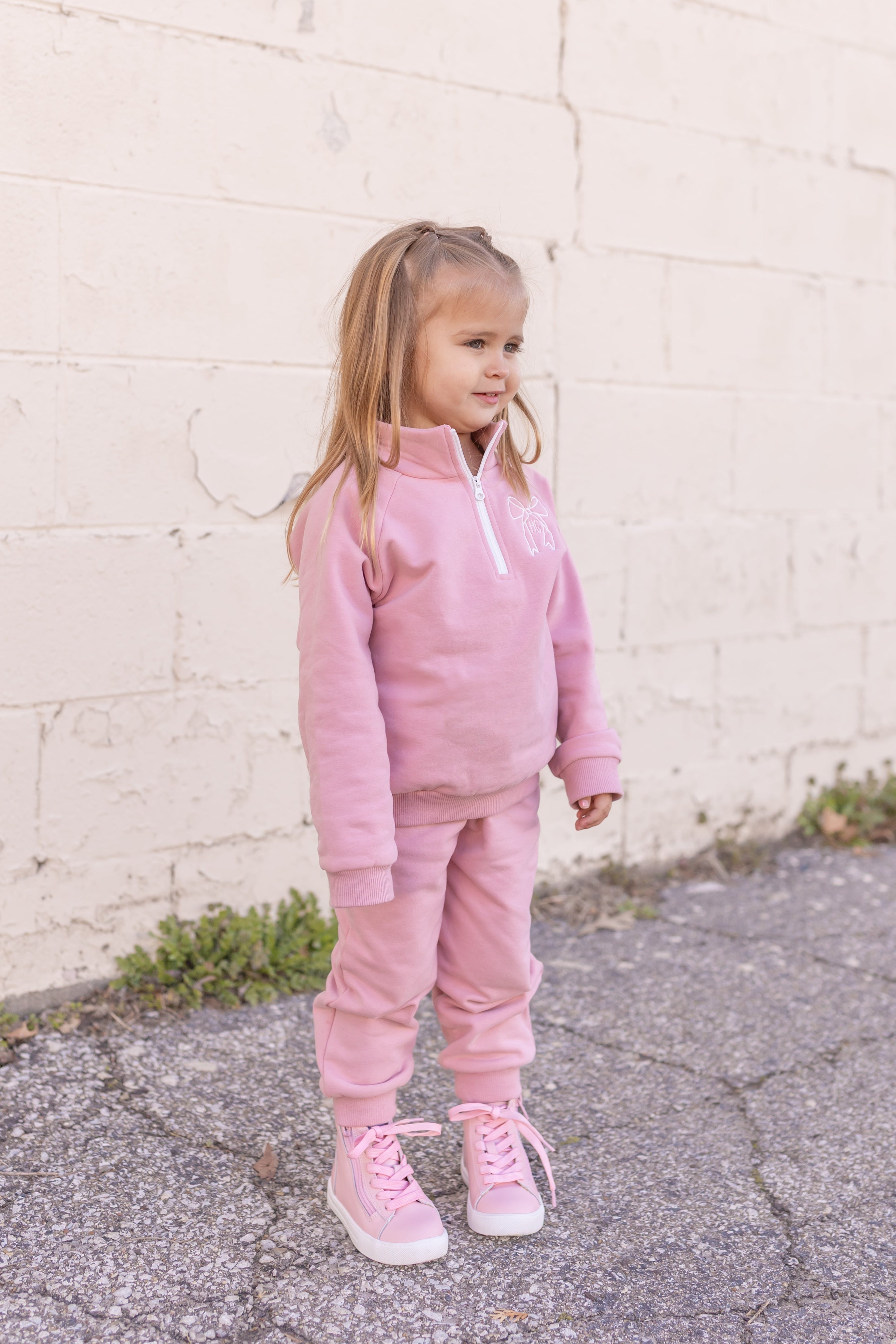 Custom Embroidered Organic Cotton Quarter Zip Set - Pink