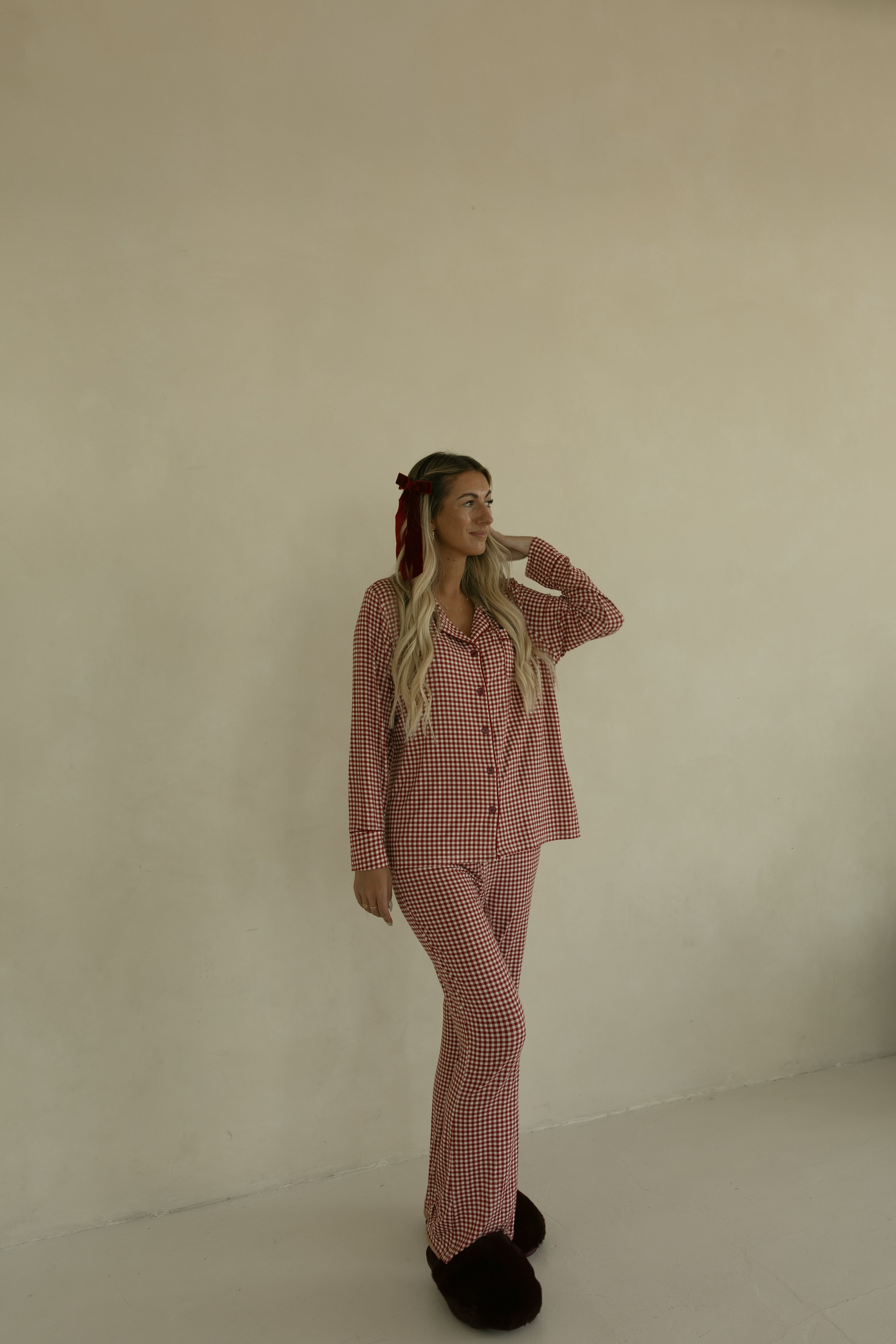 Women's Bamboo Button Up Lounge Set | Red Gingham