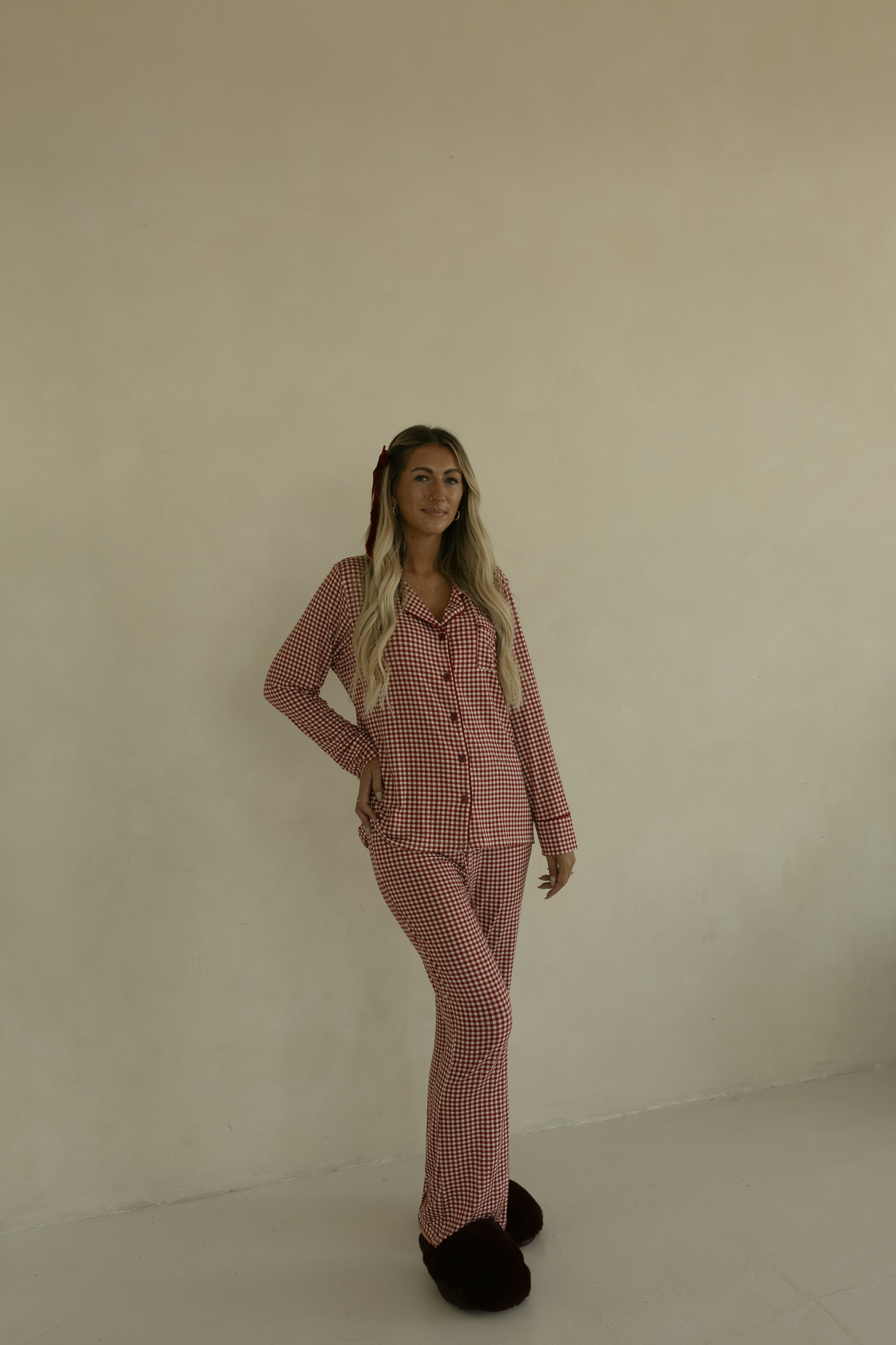 Women's Bamboo Button Up Lounge Set | Red Gingham