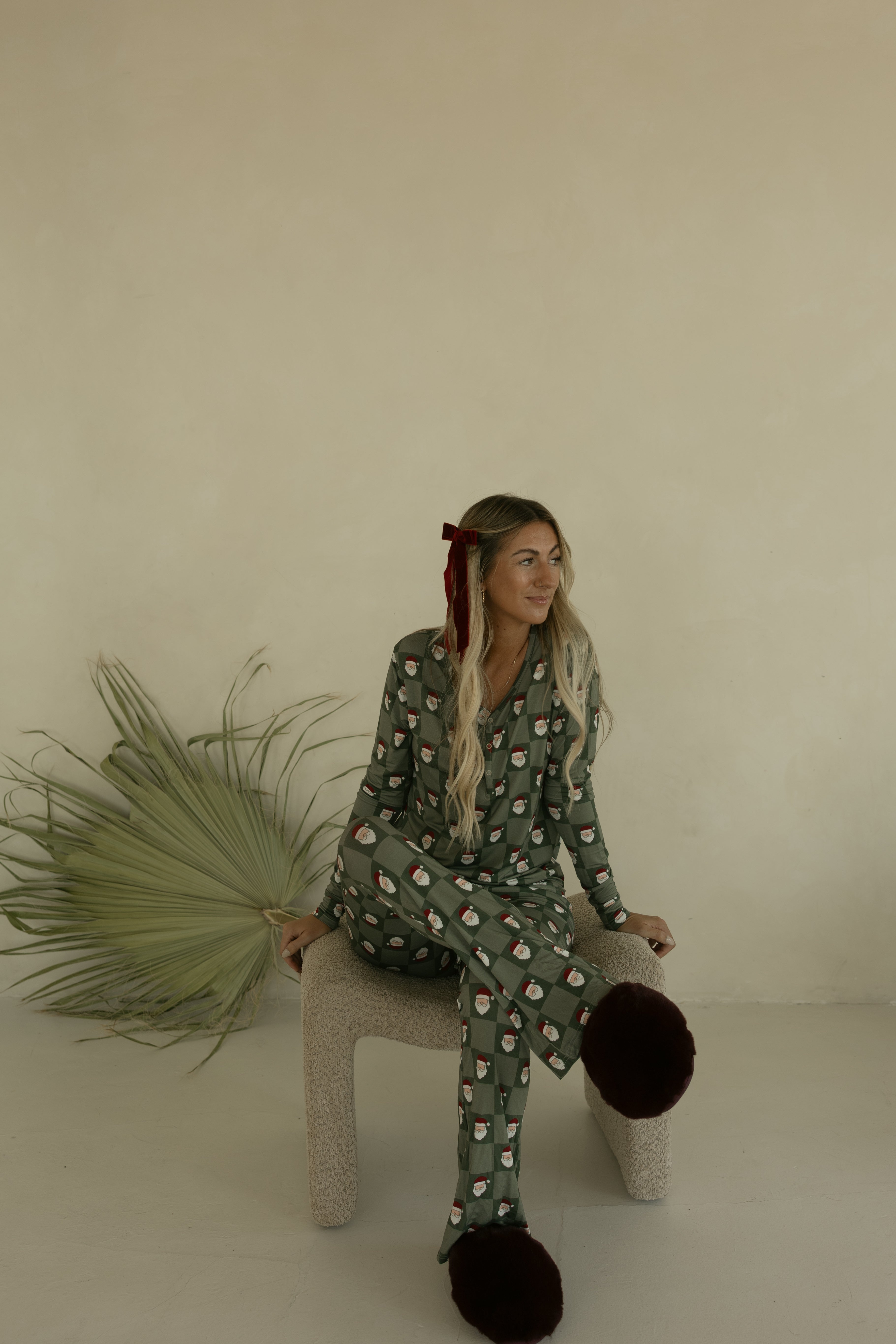 Women's Long Sleeve Bamboo Pajama | Santa Checkerboard