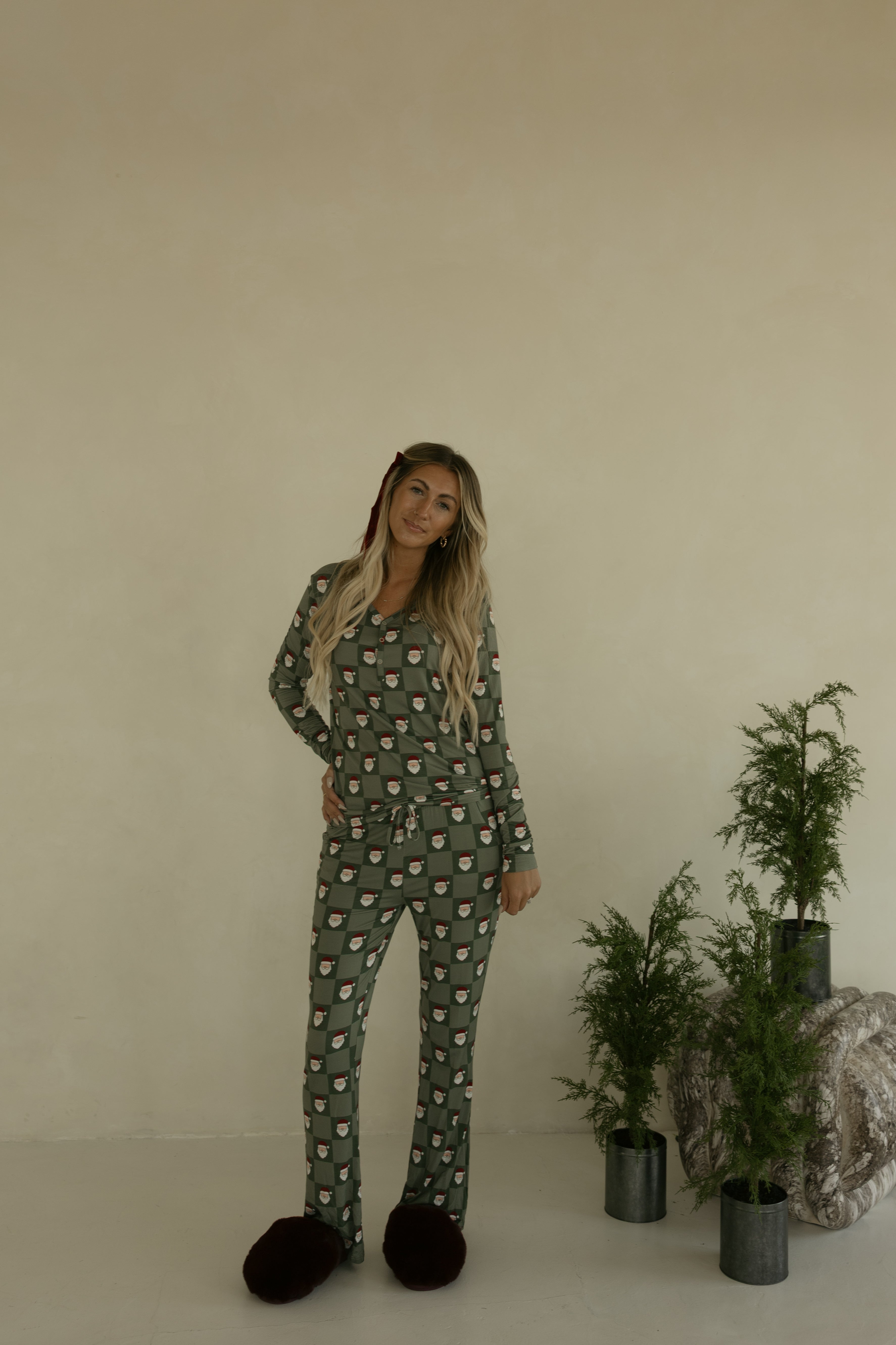 Women's Long Sleeve Bamboo Pajama | Santa Checkerboard