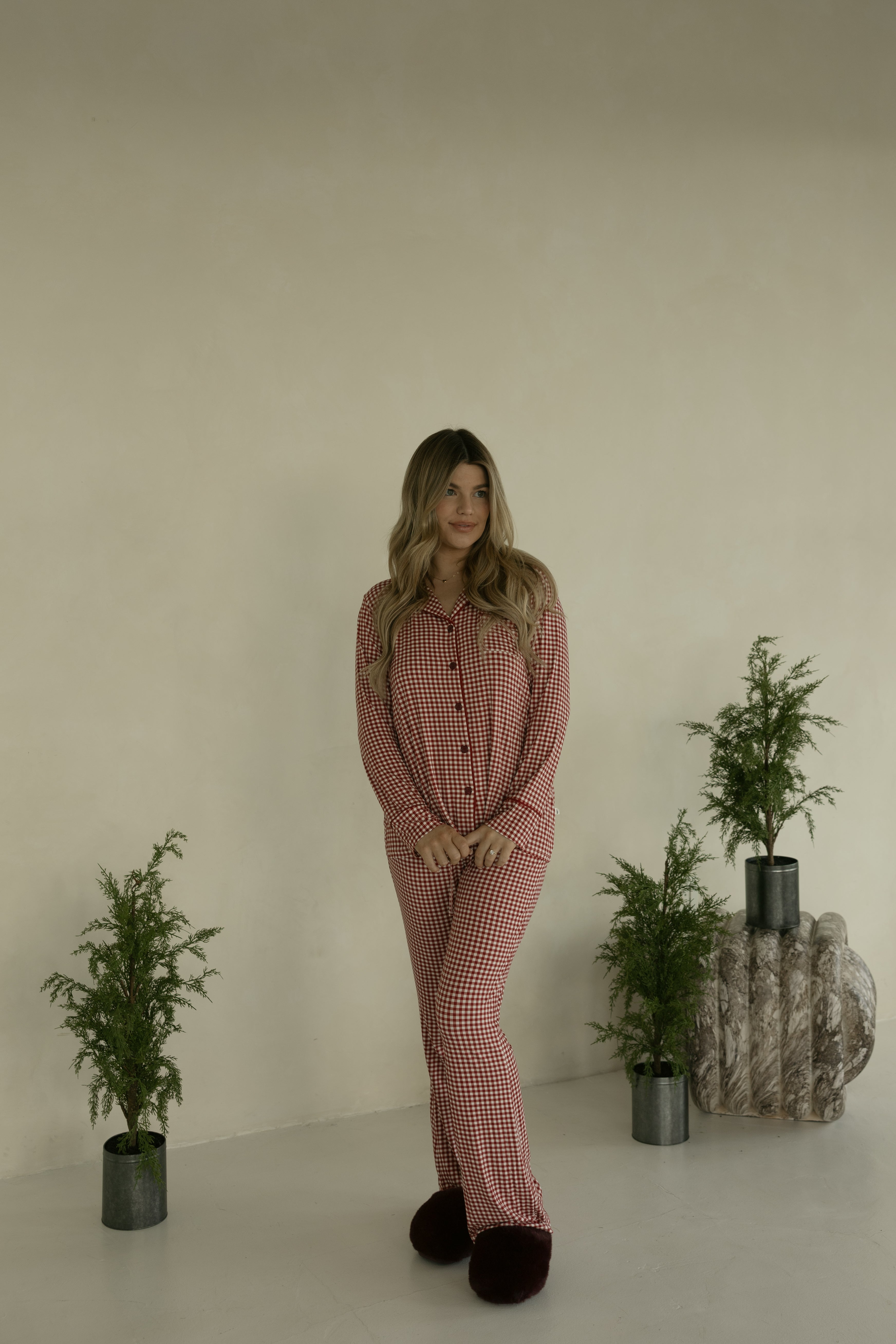 Women's Bamboo Button Up Lounge Set | Red Gingham