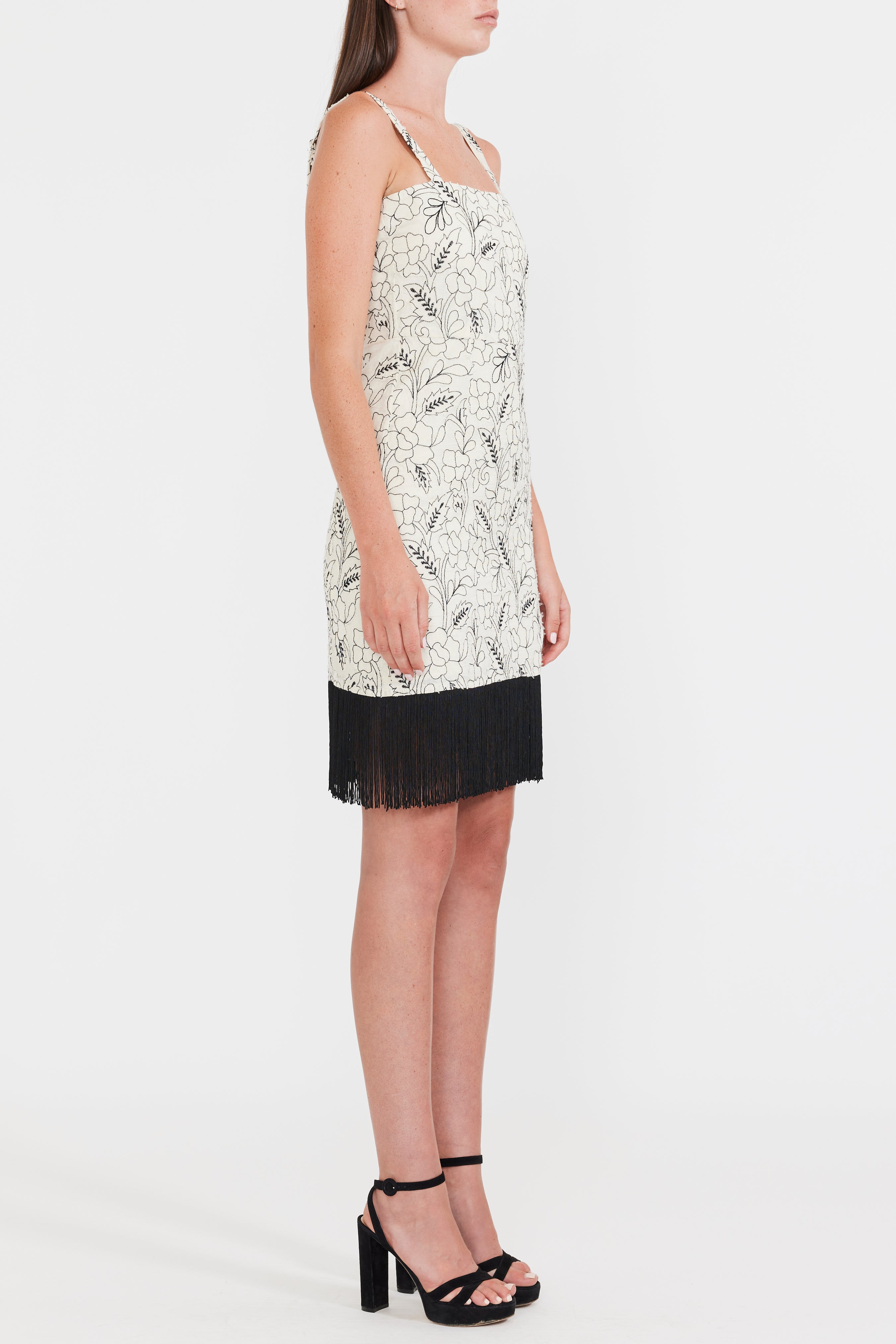 Avery Embroidered Fringe Mini Dress - Sand/Moonless Night Floral Outline Embroidery