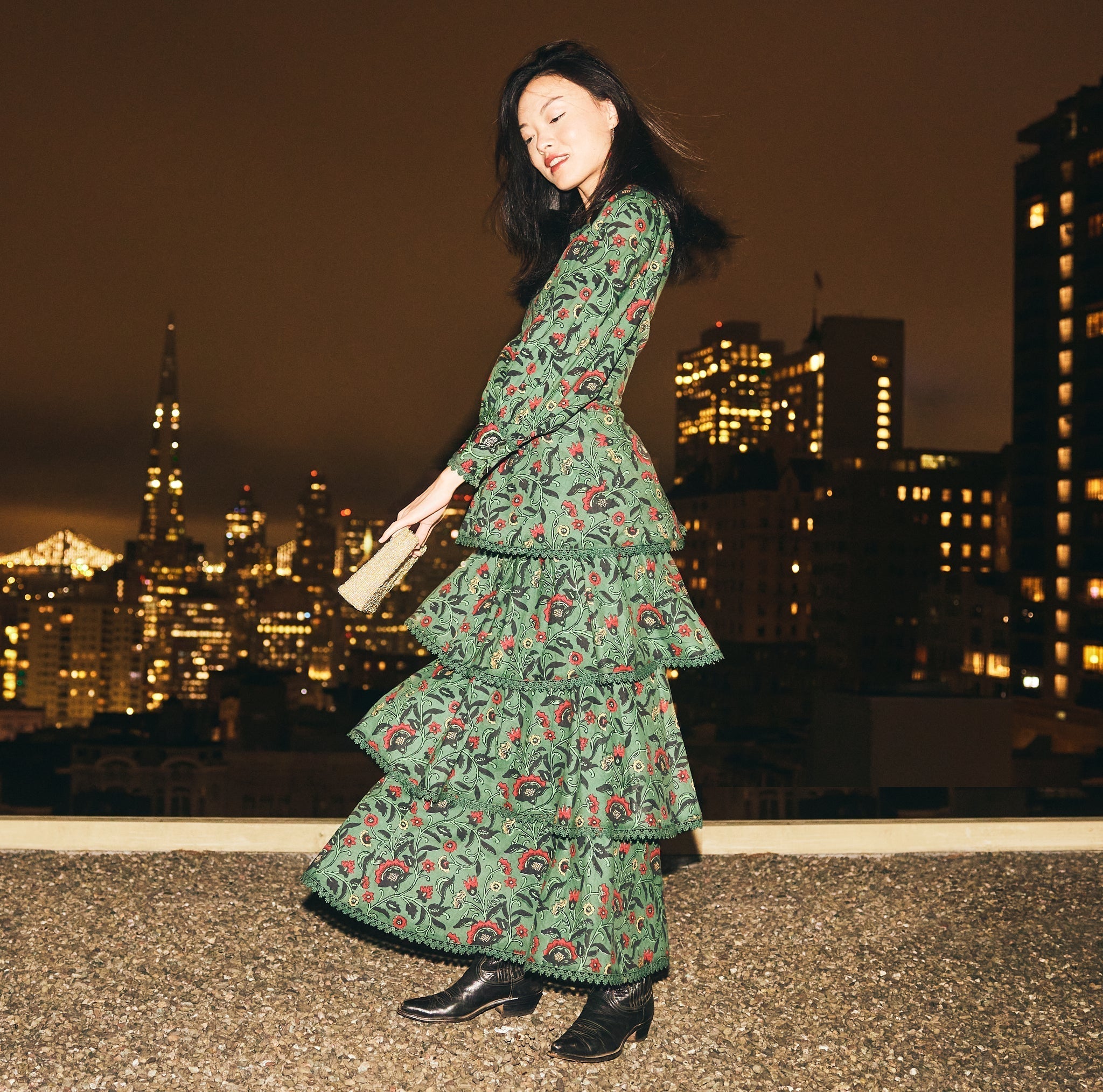 Victoria Embroidered Top - Forest/Copper & Crimson Floral print