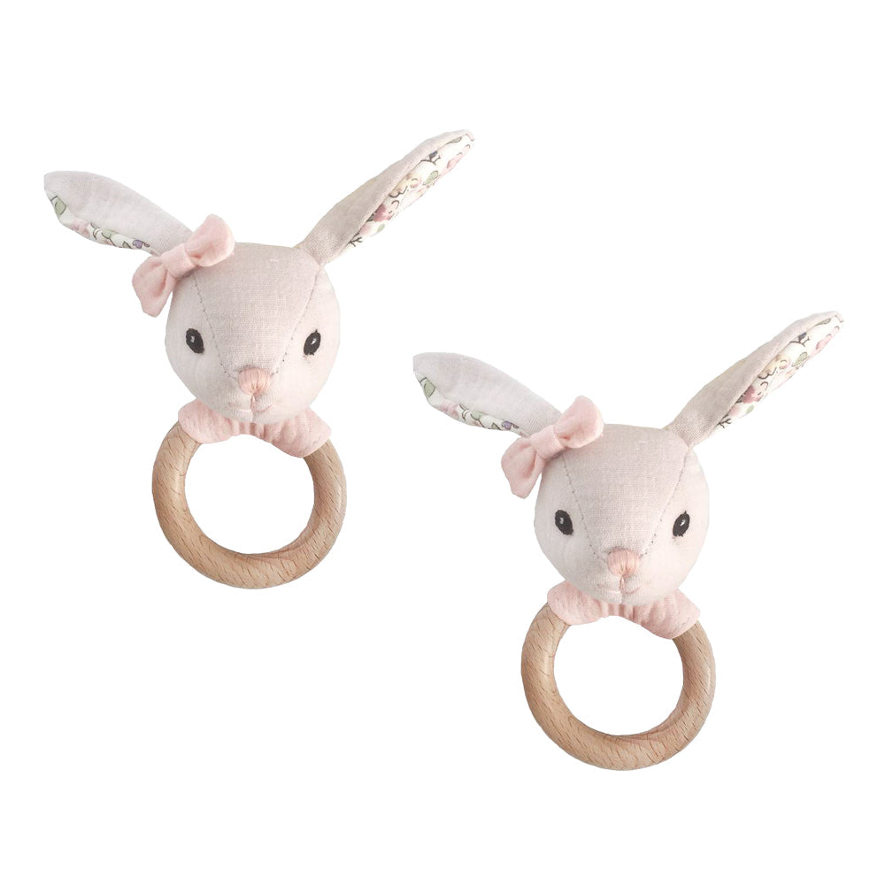 Linen Bunny Wood Rattle--2pcs assortment Rattle MON AMI