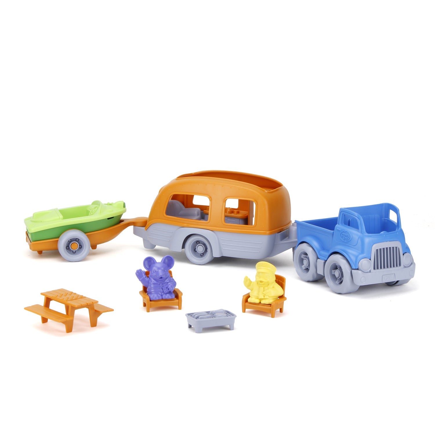 Green Toys RV Camper Toddler Preschool Toy Set - Toy Truck, Boat, and Trailer Set