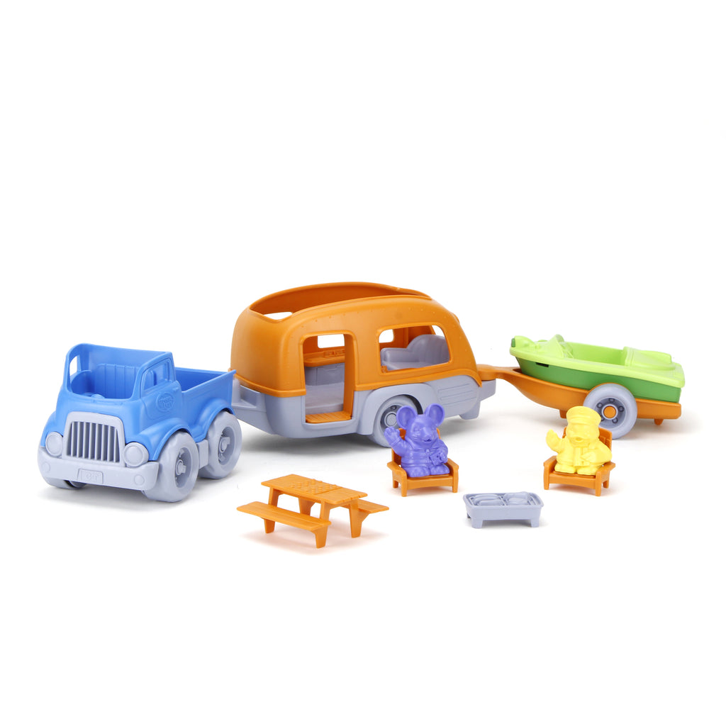 Green Toys RV Camper Toddler Preschool Toy Set - Toy Truck, Boat, and Trailer Set