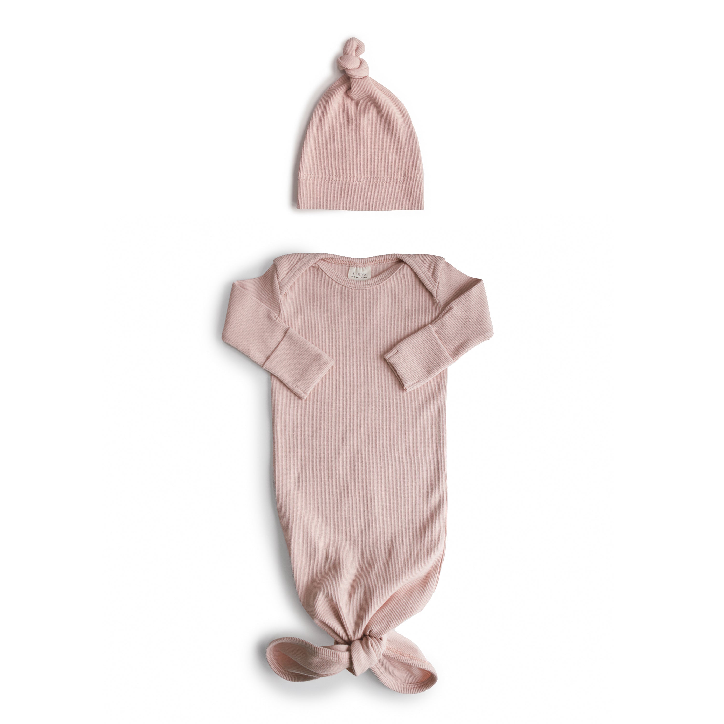 Ribbed Knotted Baby Gown + Beanie Set Baby Clothes Mushie Blush