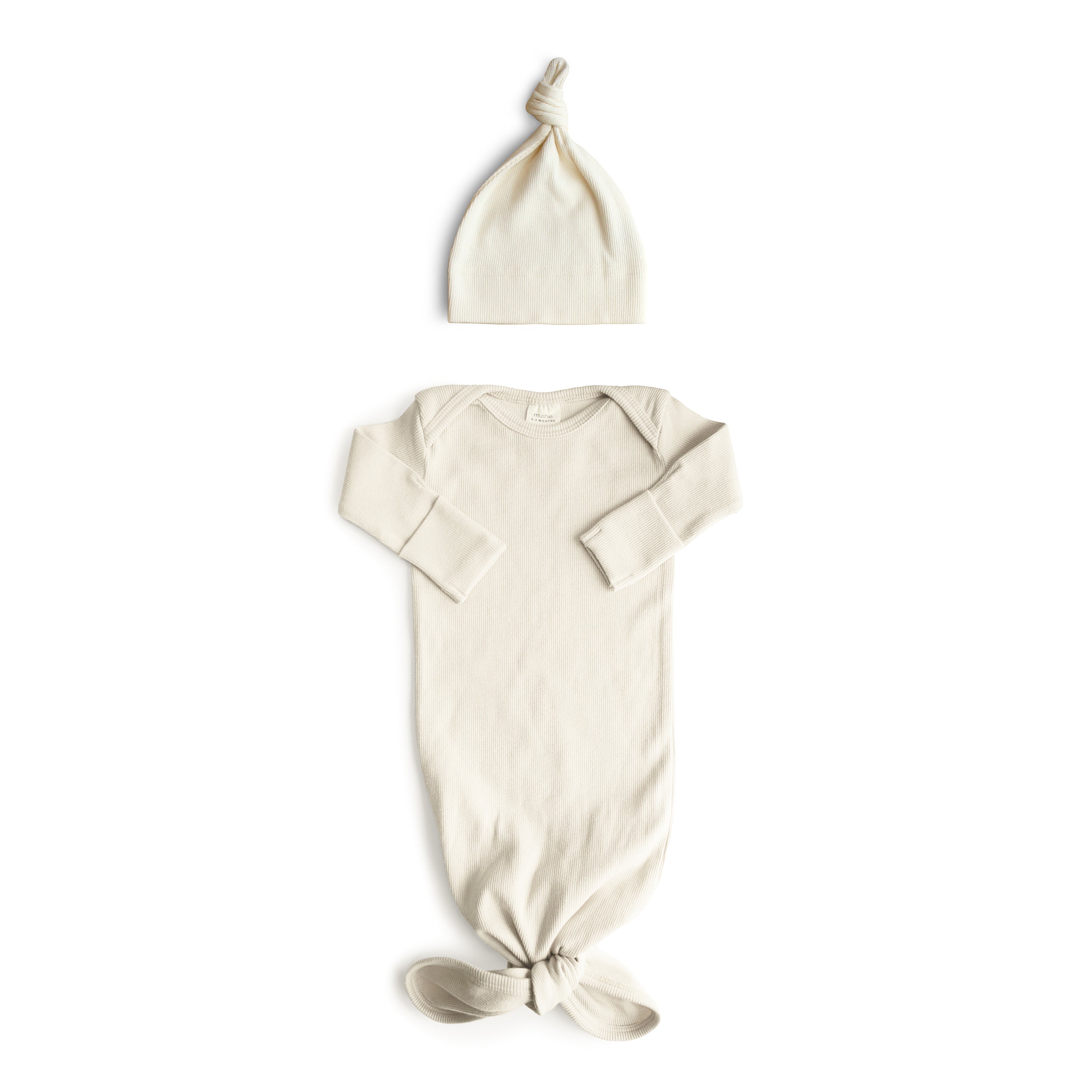 Ribbed Knotted Baby Gown + Beanie Set Baby Clothes Mushie Ivory