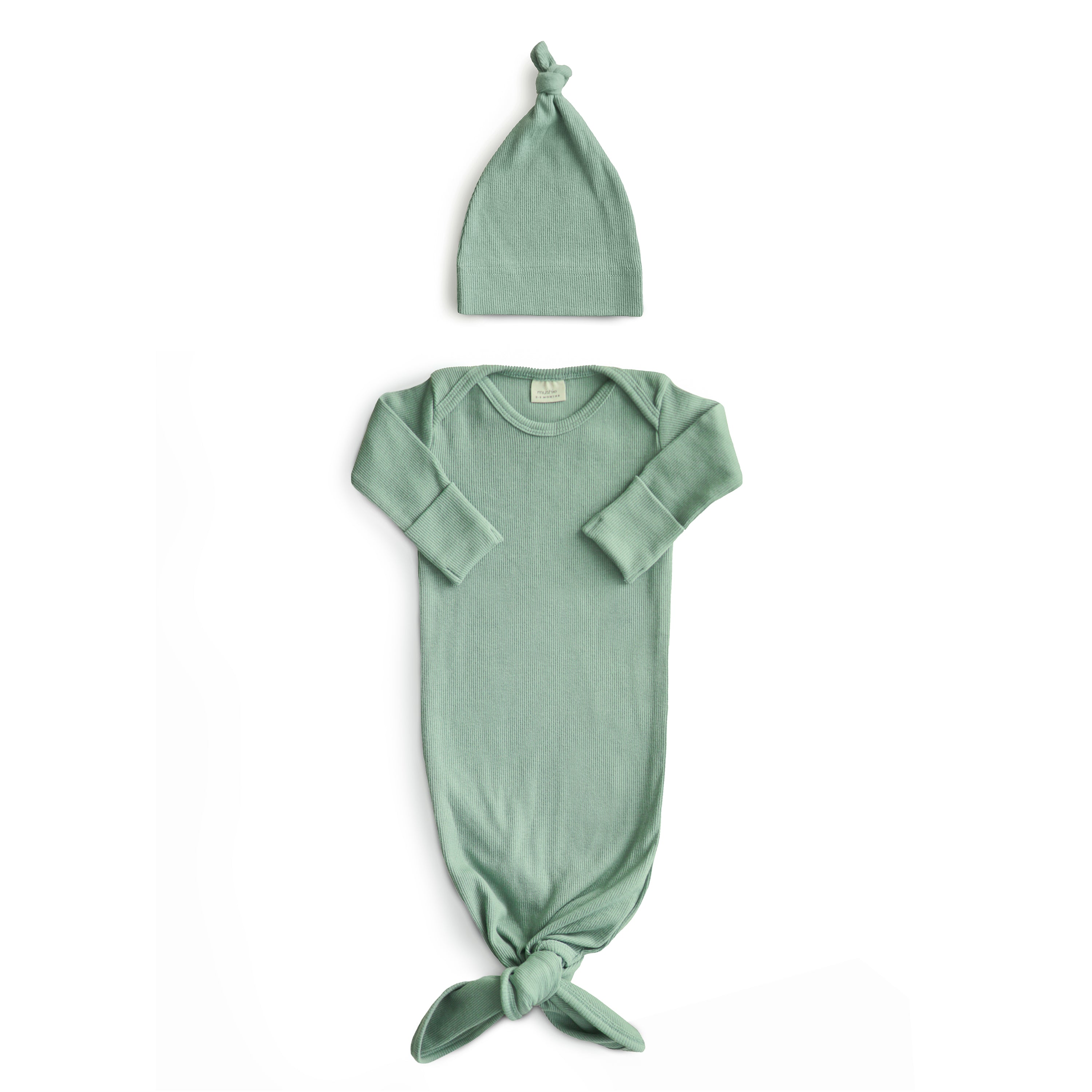 Ribbed Knotted Baby Gown + Beanie Set Baby Clothes Mushie Roman Green