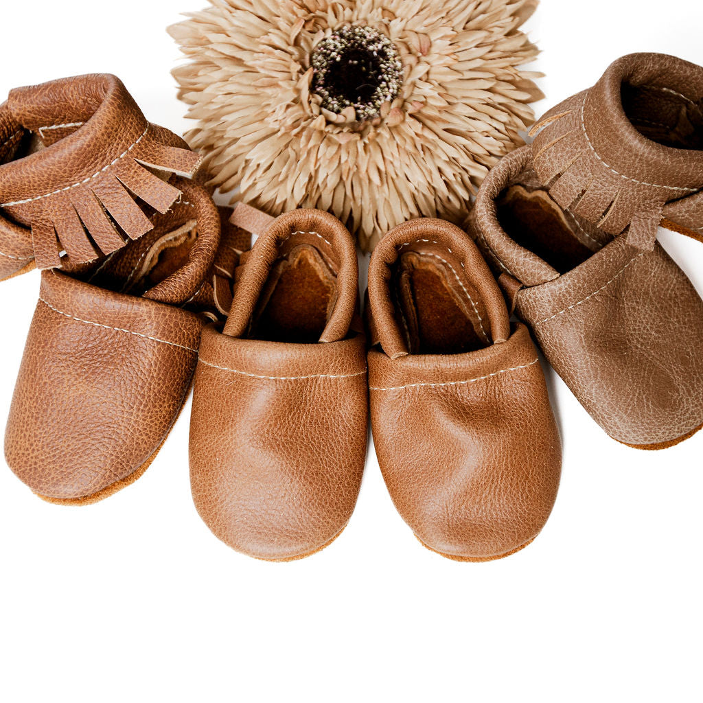 Chai, Caramel, Sepia Leather Moccs Shoes Baby and Toddler Baby Shoes Starry Knight Design