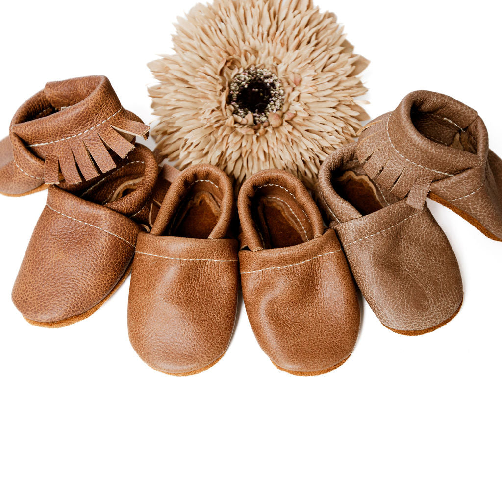 Chai, Caramel, Sepia Leather Moccs Shoes Baby and Toddler Baby Shoes Starry Knight Design