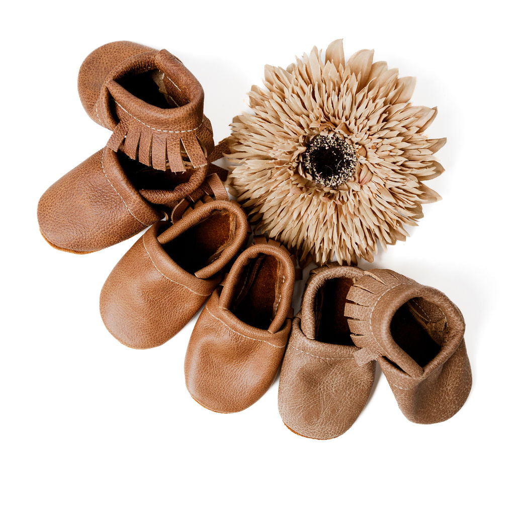 Chai, Caramel, Sepia Leather Moccs Shoes Baby and Toddler Baby Shoes Starry Knight Design