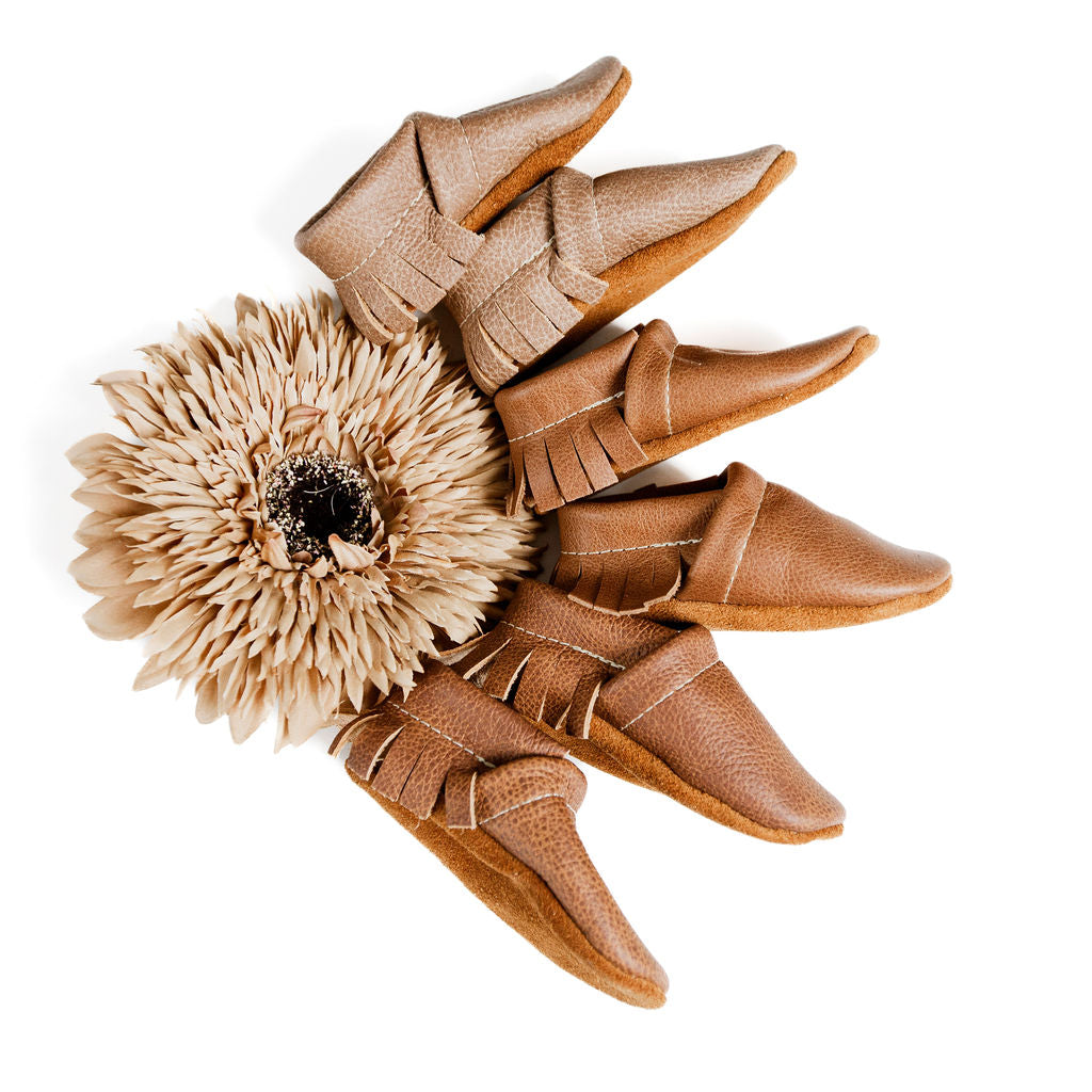 Chai, Caramel, Sepia Leather Moccs Shoes Baby and Toddler Baby Shoes Starry Knight Design