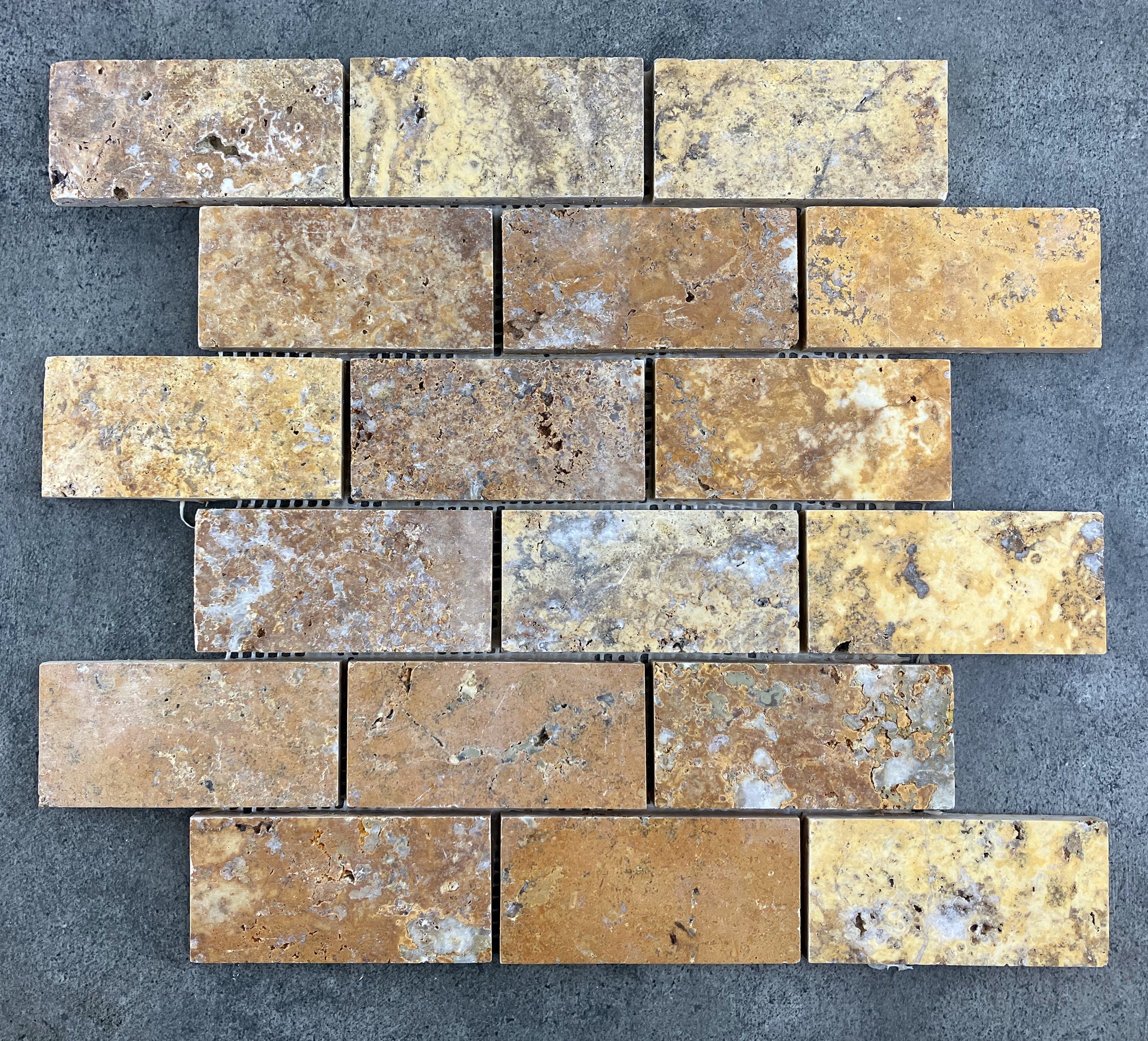 Scabos Travertine 2"x4" Brick Honed on 12" x 12" Mesh Mosaic Tile - Belair Collection