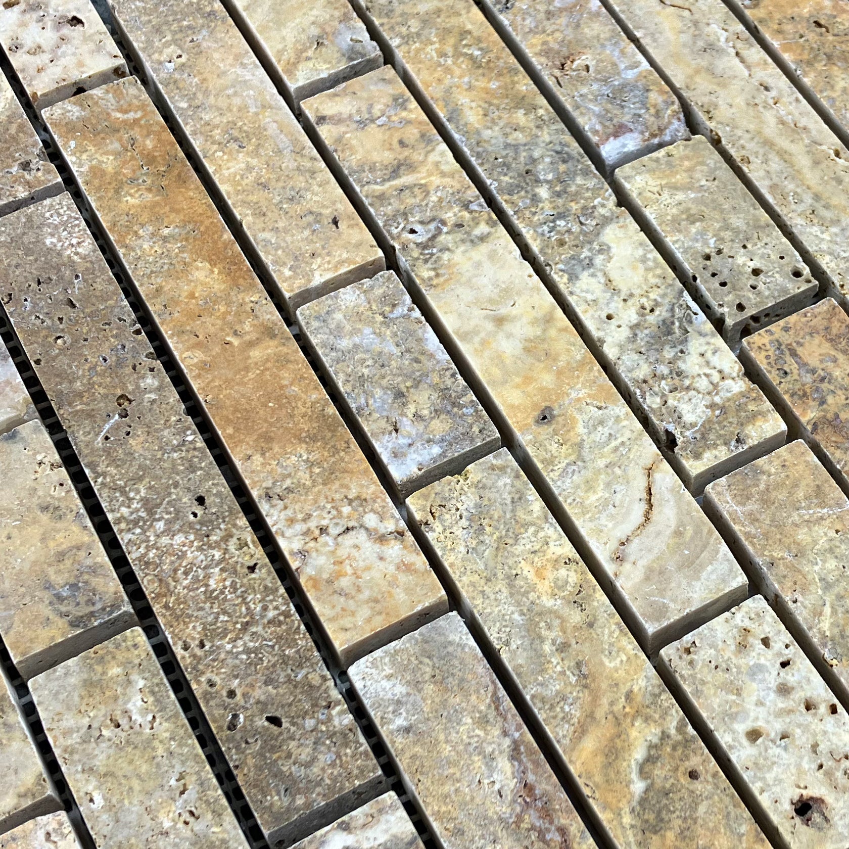 Scabos Travertine Strip Liner on 12" x 12" Mesh Mosaic Tile - Belair Collection