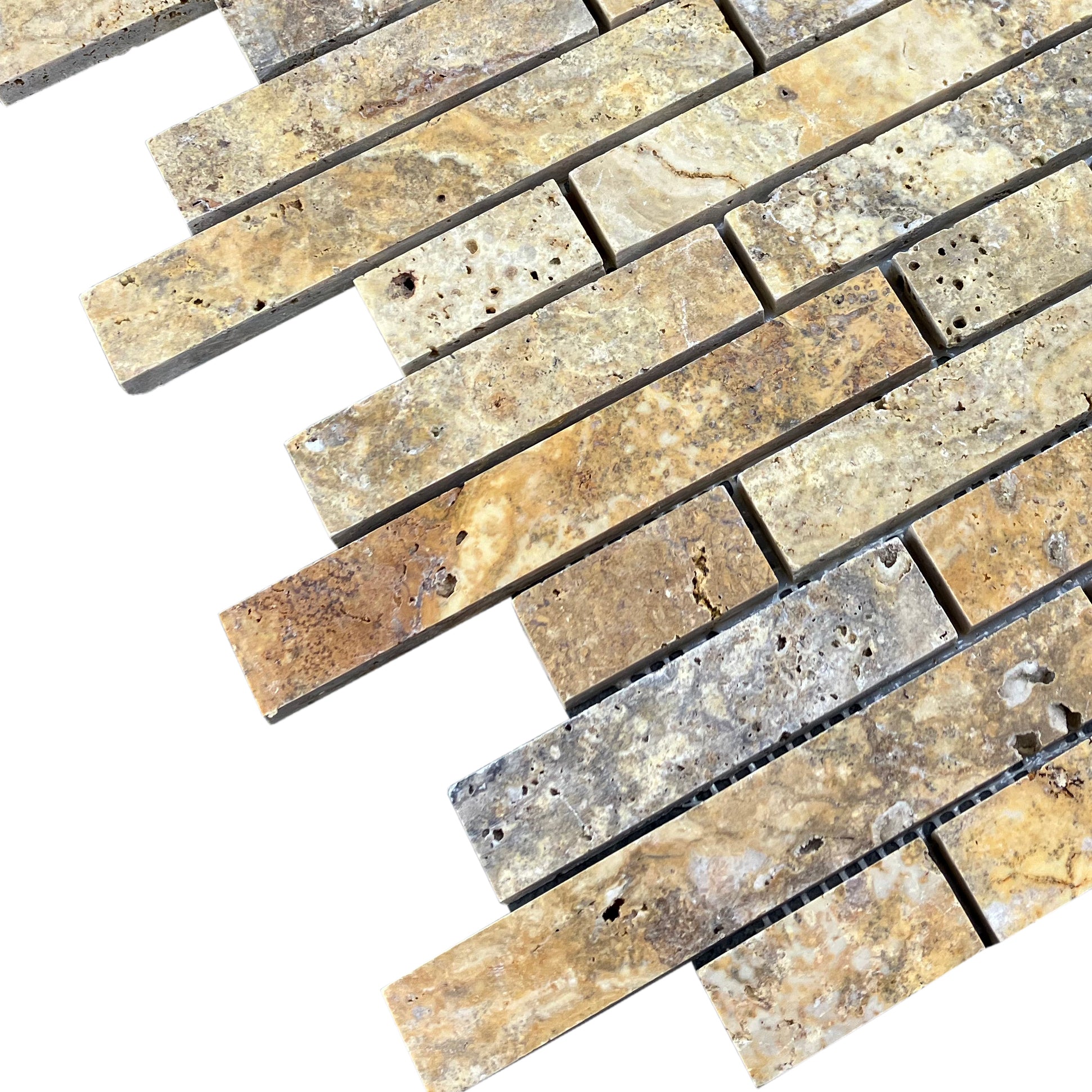 Scabos Travertine Strip Liner on 12" x 12" Mesh Mosaic Tile - Belair Collection