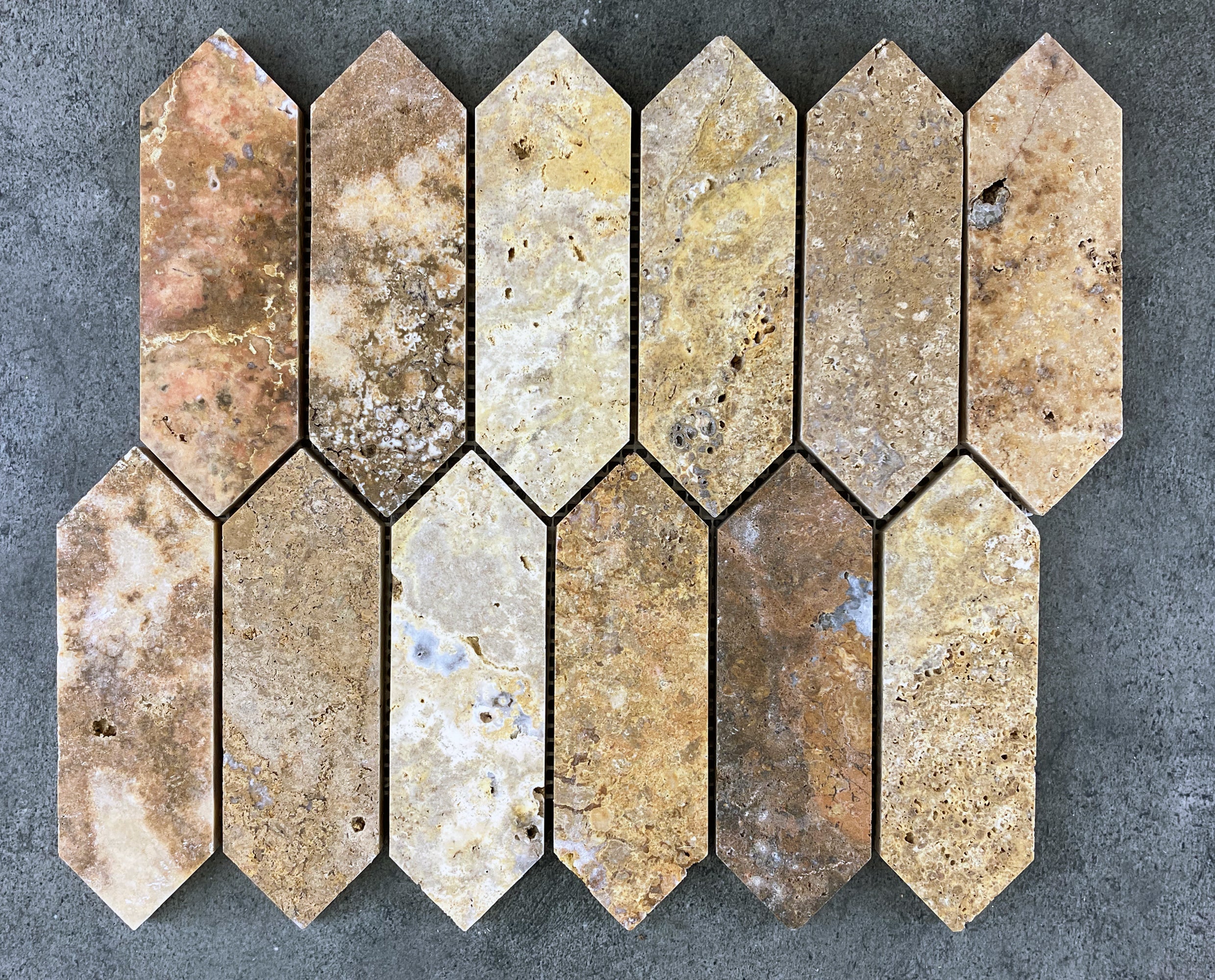 Scabos Travertine Strada Design on 12" x 12" Mesh Mosaic Tile - Belair Collection
