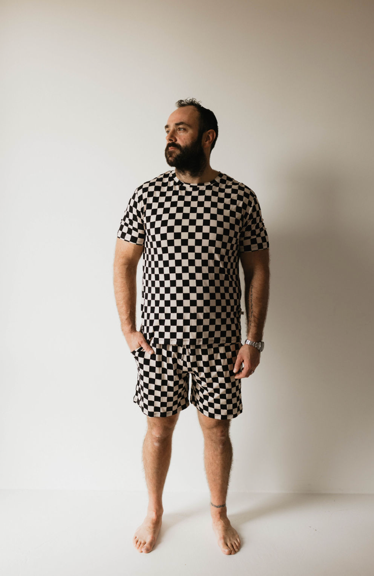 Adult Bamboo Short Pajamas | Black Checkerboard Clothing forever french baby Small
