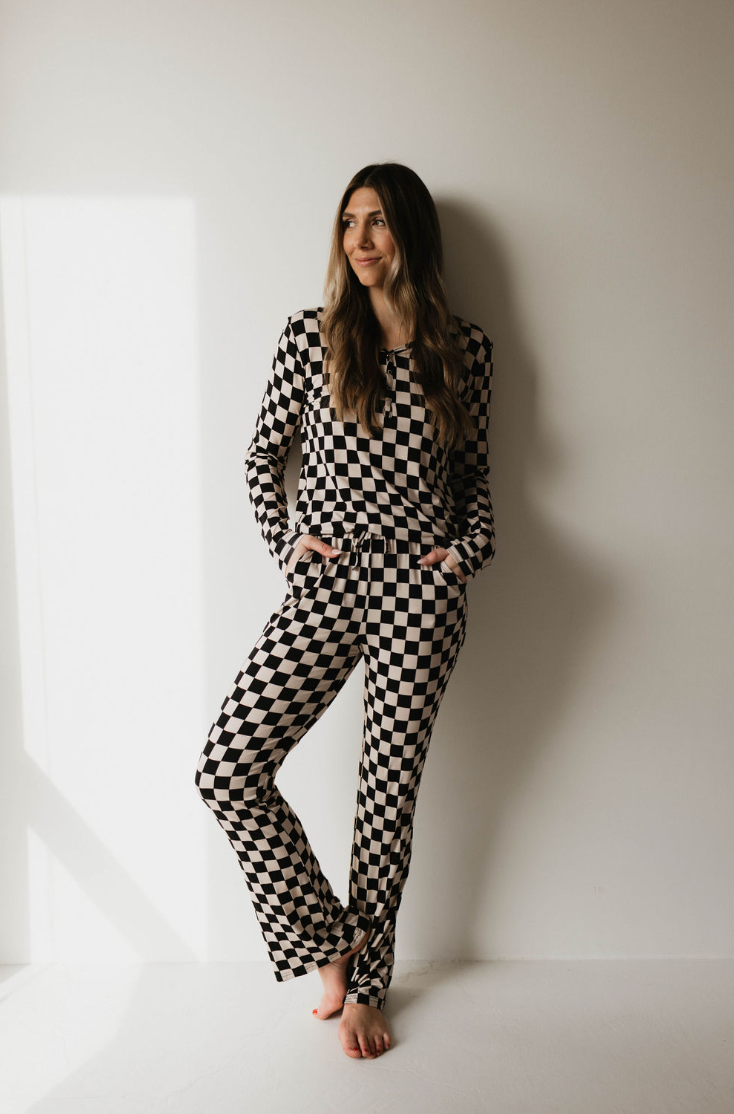 Women's Long Sleeve Bamboo Pajama | Black Checkerboard