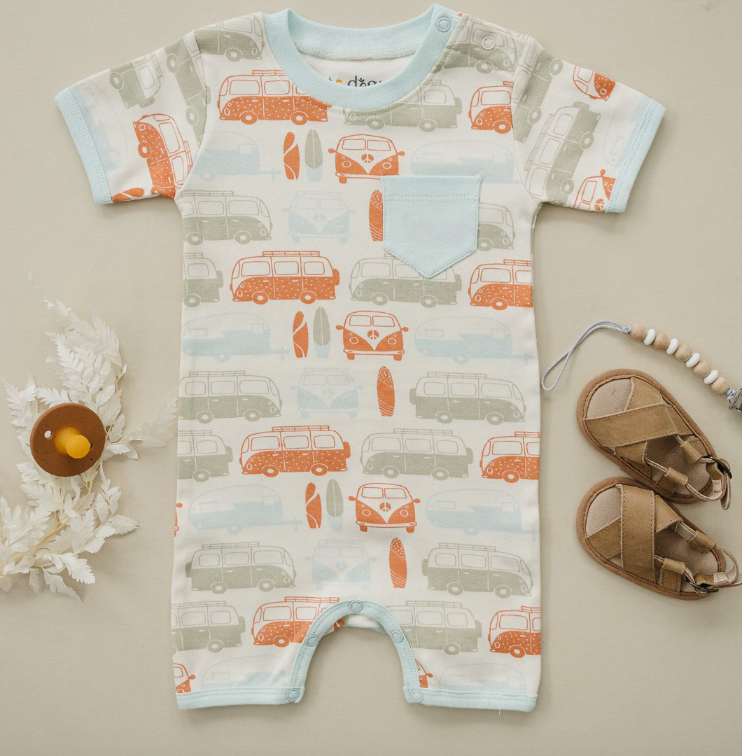 GOTS Certified Organic Cotton Short Sleeve Romper - Vintage Busses