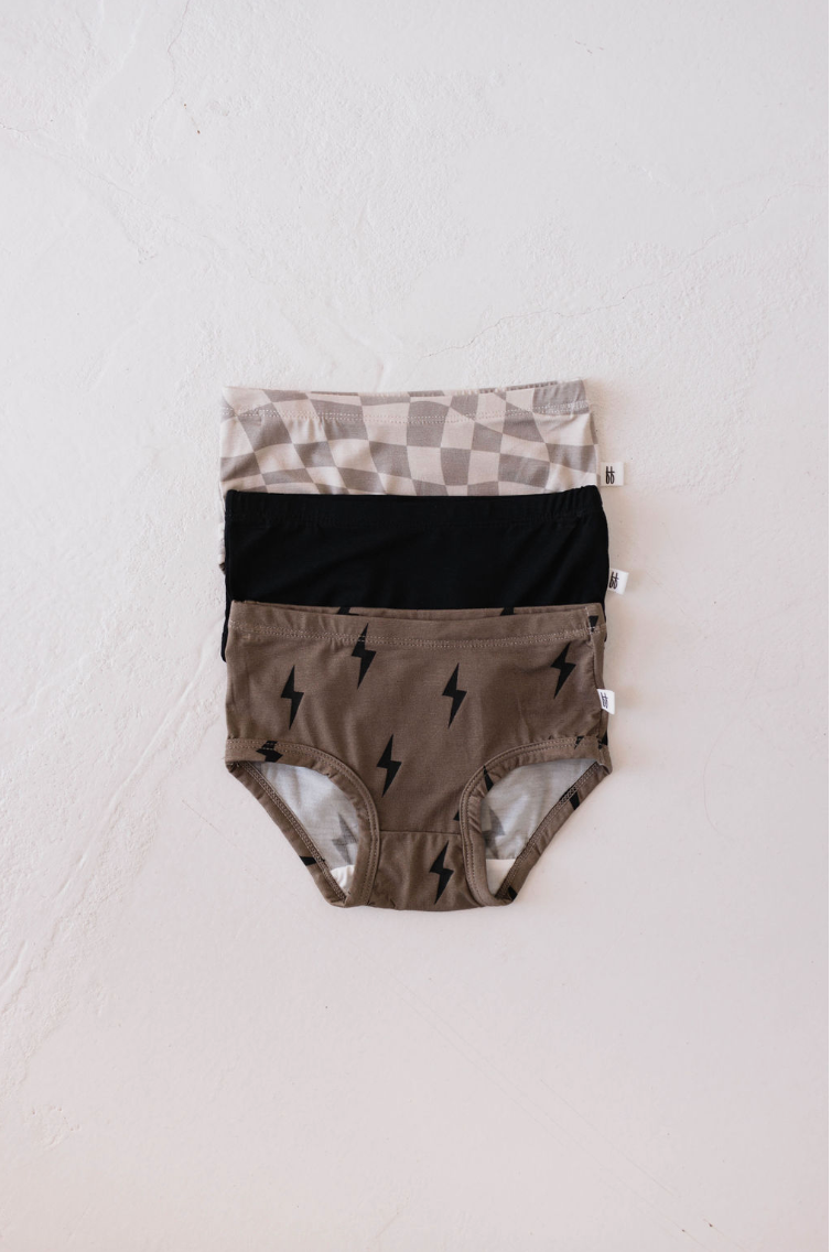 Girl's Brief Bamboo Underwear (3 Pack) | Wavy Checker, Lightning Bolt & Midnight
