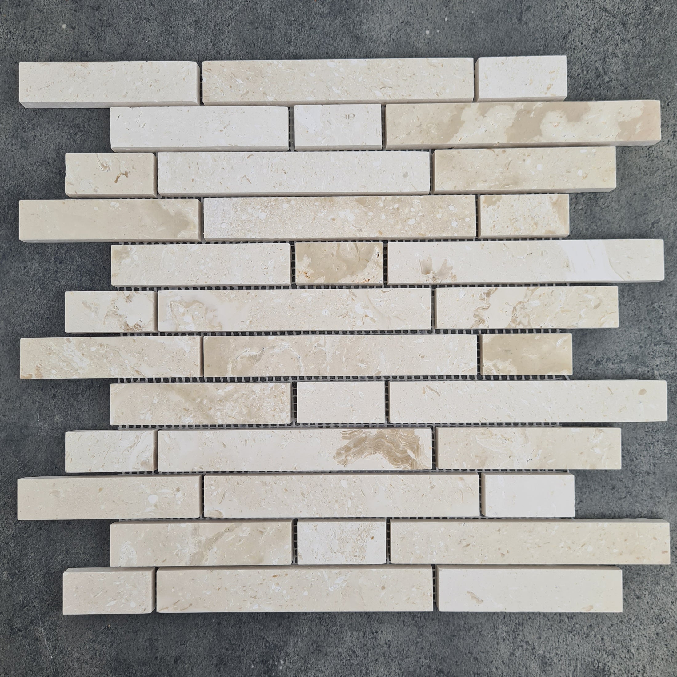 Shell Stone Limestone Strip Liner on 12" x 12" Mesh Mosaic Tile - Belair Collection