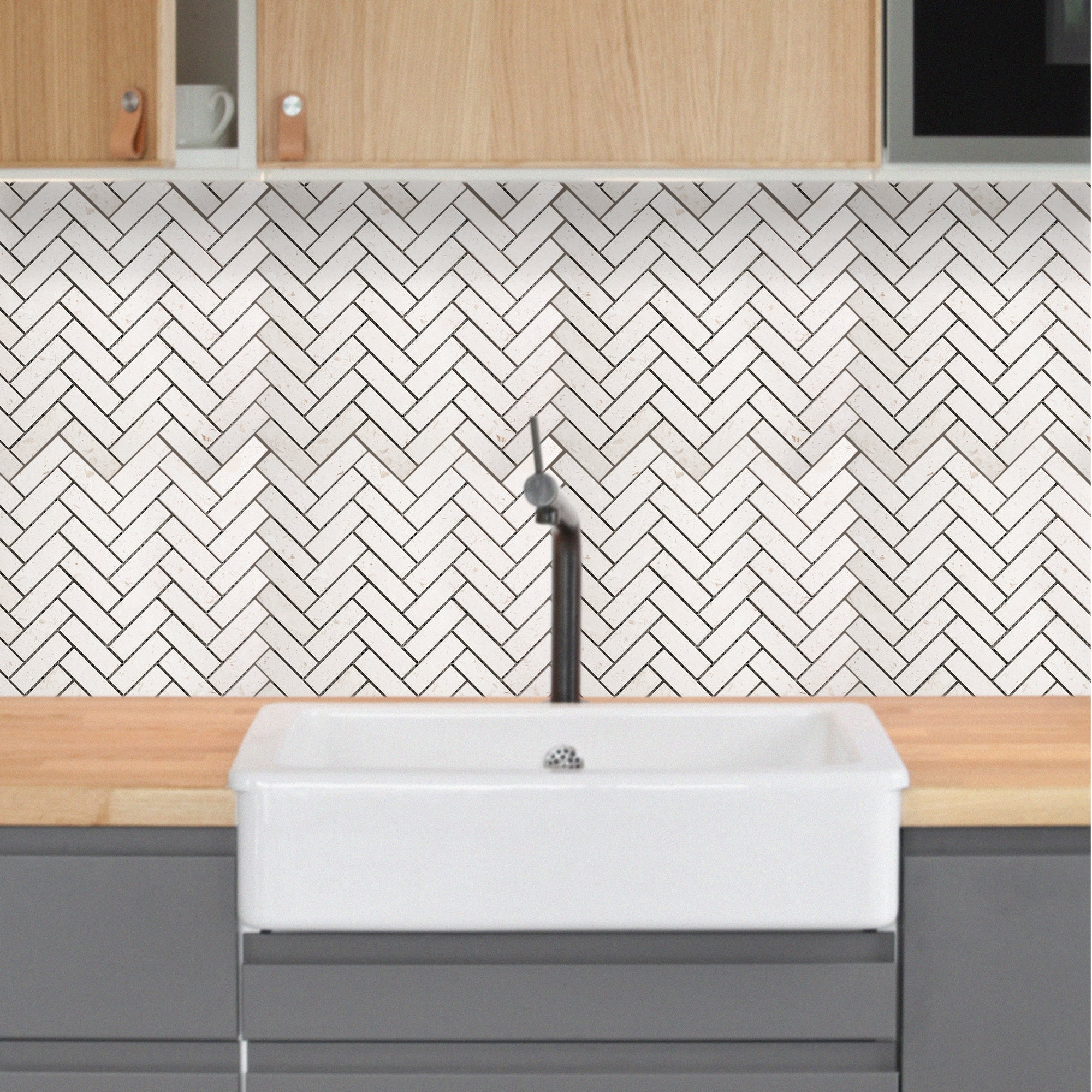 Shell Stone Limestone 1"x3" Herringbone on 12" x 12" Mesh Mosaic Tile - Belair Collection