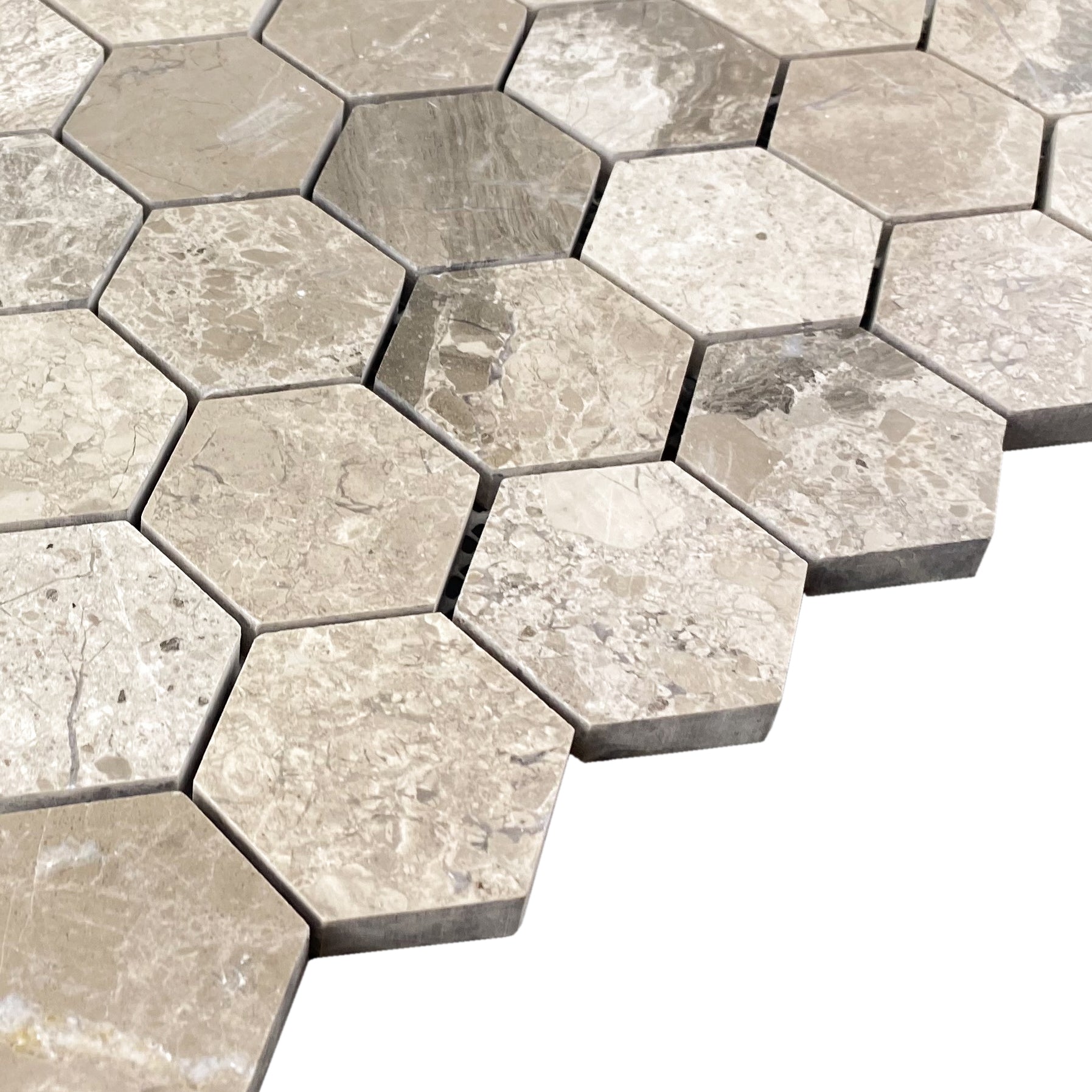 Silver Shadow Marble 2" Hexagon on 12" x 12" Mesh Mosaic Tile - Belair Collection