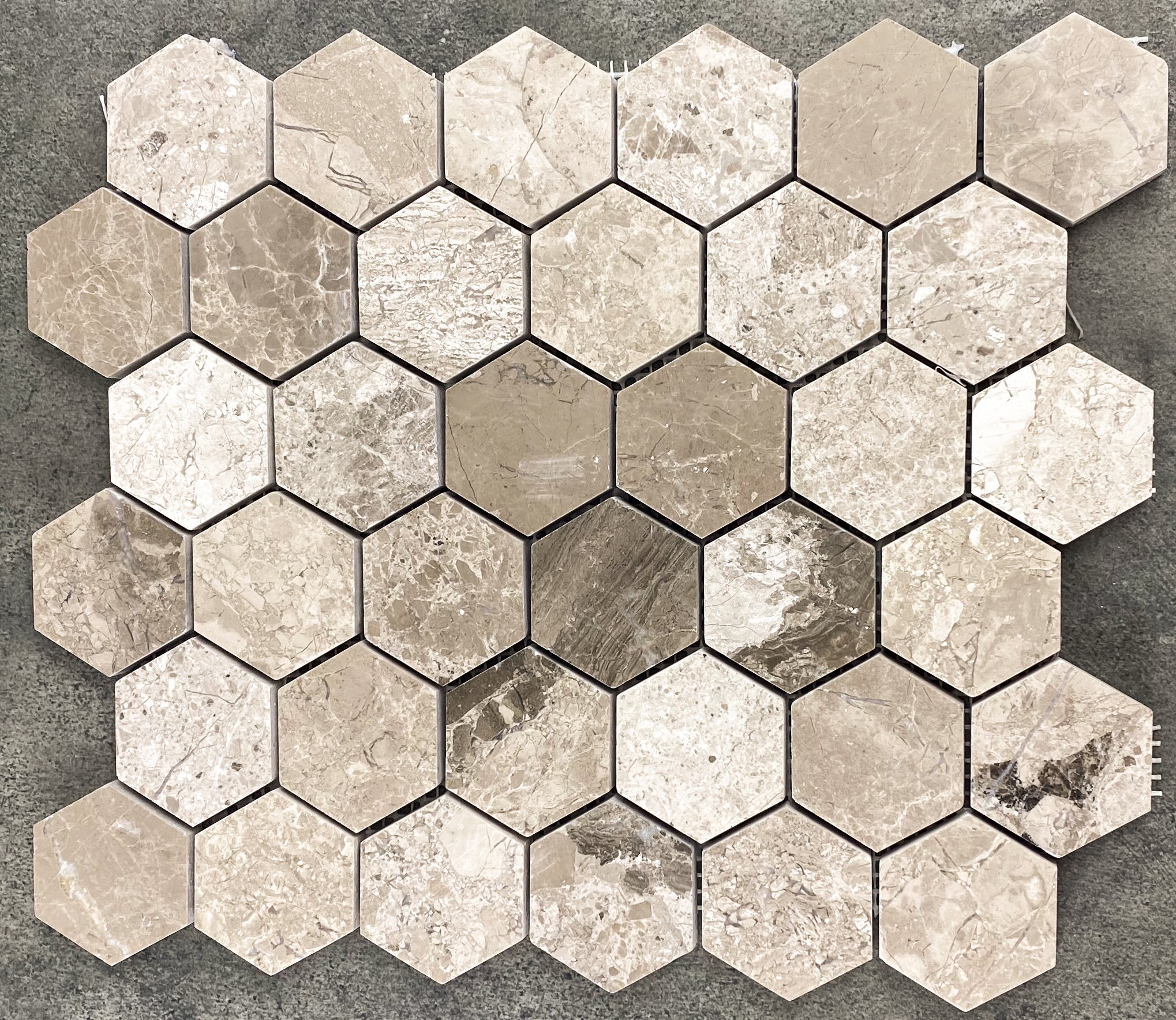 Silver Shadow Marble 2" Hexagon on 12" x 12" Mesh Mosaic Tile - Belair Collection