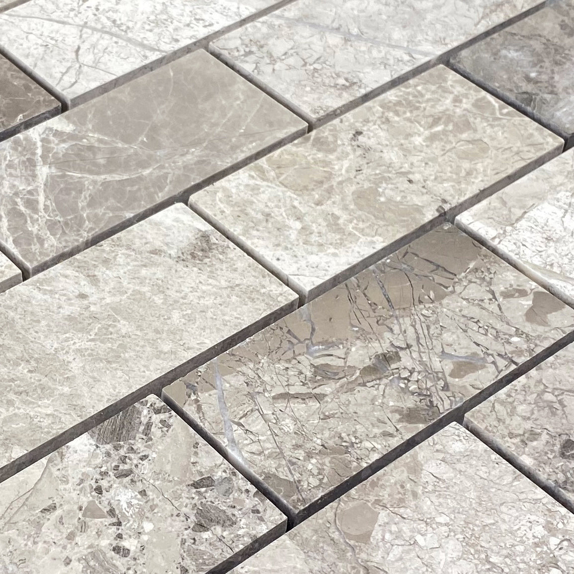 Silver Shadow Marble 2"x4" Brick Honed on 12" x 12" Mesh Mosaic Tile - Belair Collection