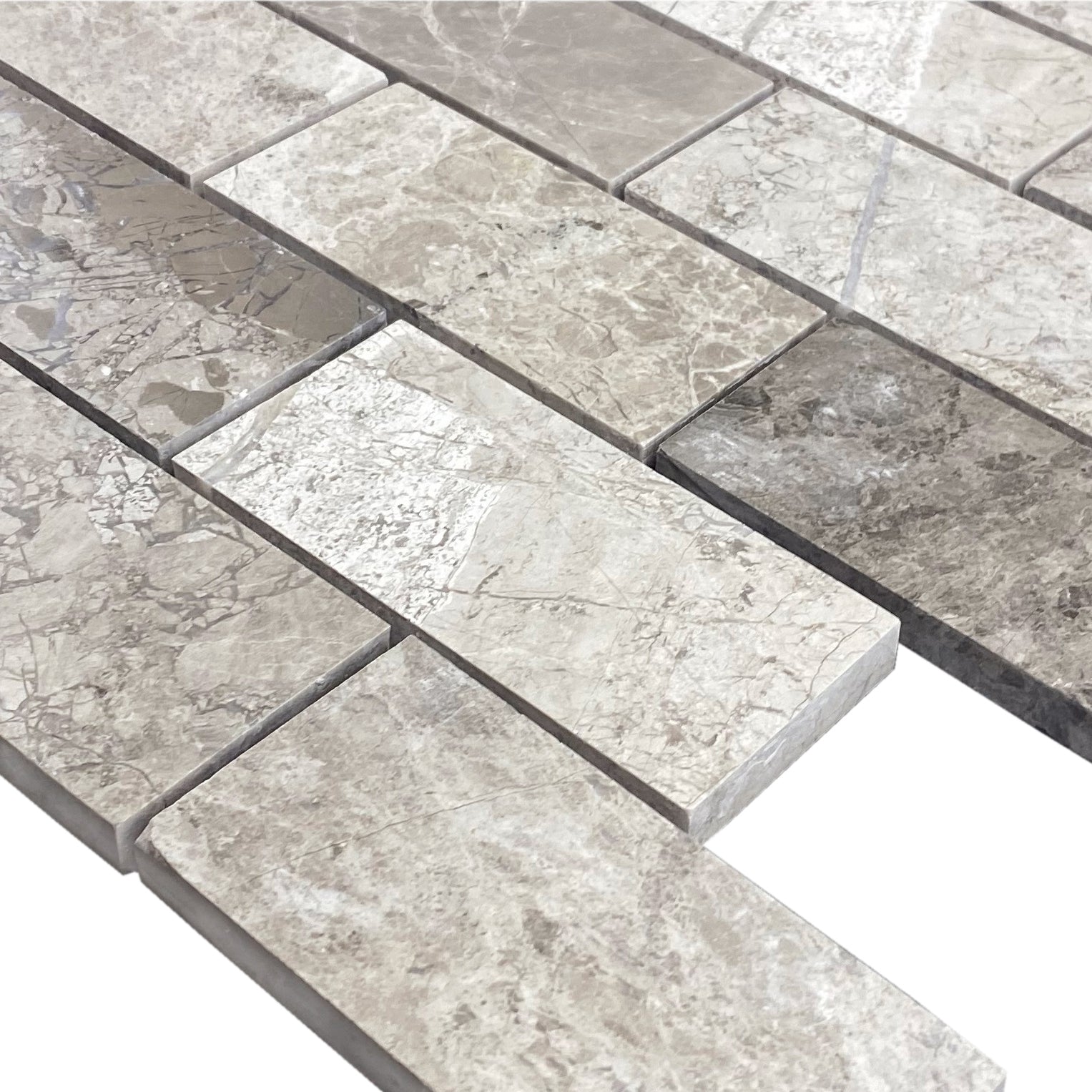 Silver Shadow Marble 2"x4" Brick Honed on 12" x 12" Mesh Mosaic Tile - Belair Collection