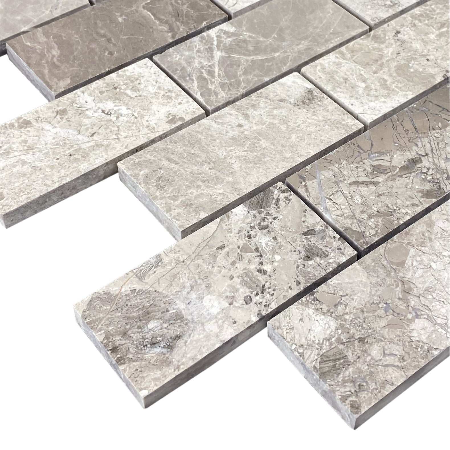 Silver Shadow Marble 2"x4" Brick Honed on 12" x 12" Mesh Mosaic Tile - Belair Collection