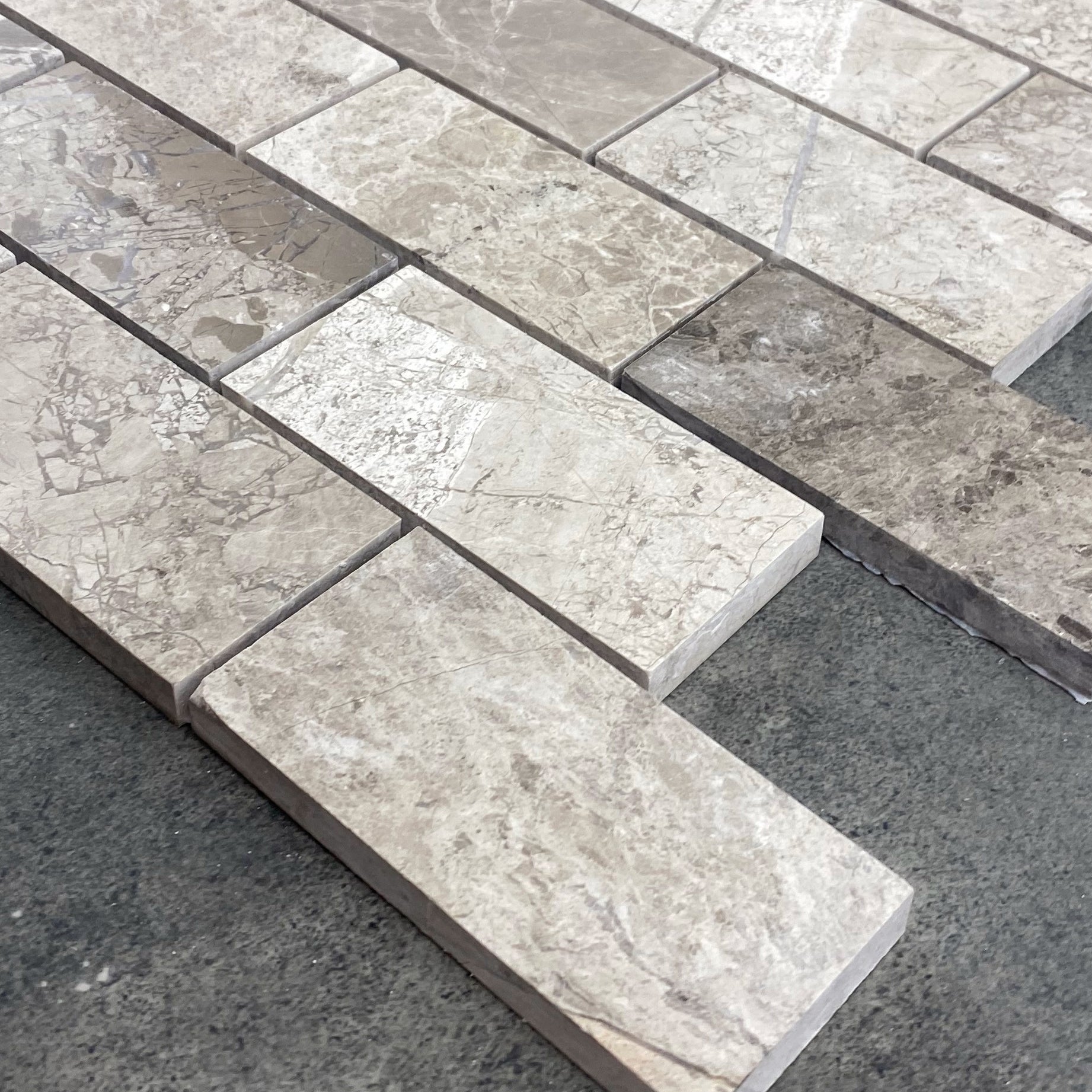 Silver Shadow Marble 2"x4" Brick Honed on 12" x 12" Mesh Mosaic Tile - Belair Collection