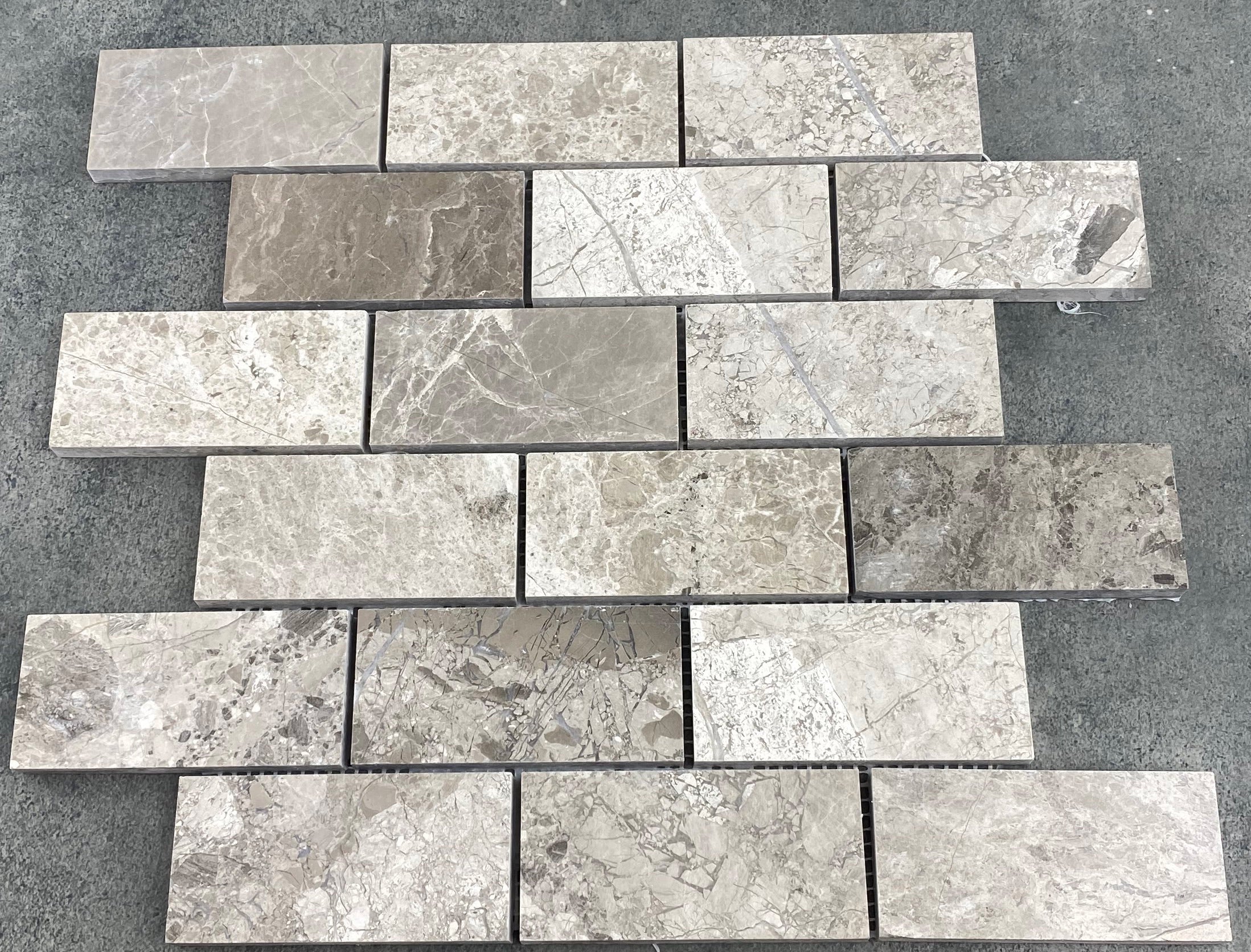 Silver Shadow Marble 2"x4" Brick Honed on 12" x 12" Mesh Mosaic Tile - Belair Collection