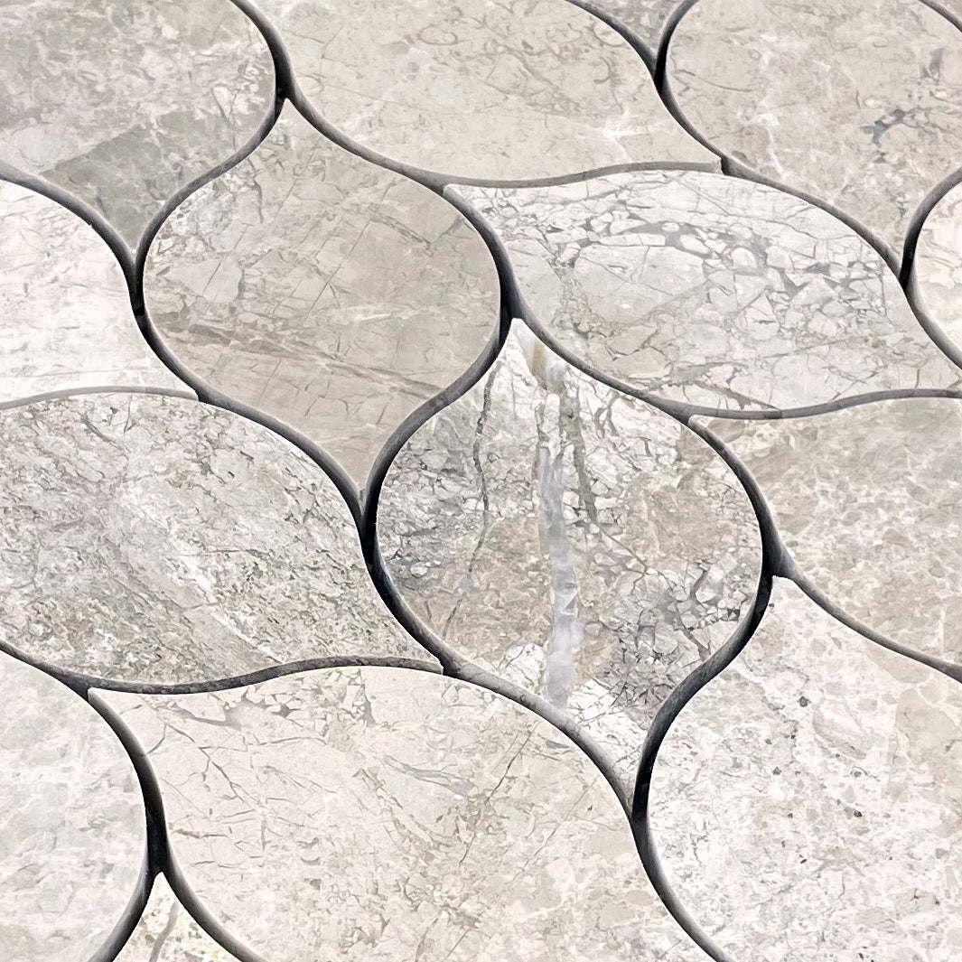 Silver Shadow Marble Leaf Design on 12" x 12" Mesh Mosaic Tile - Belair Collection