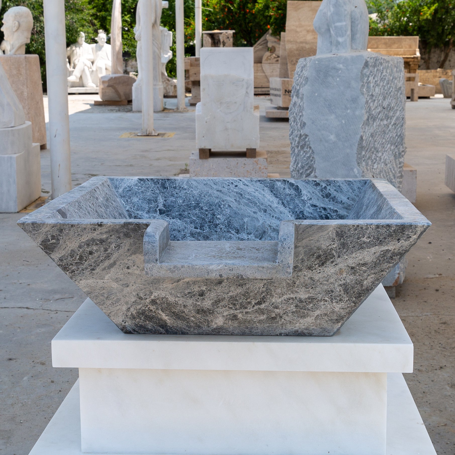 Silver Shadow Marble Natural Stone Pool Square Cascade Water Bowl - Belair Collection