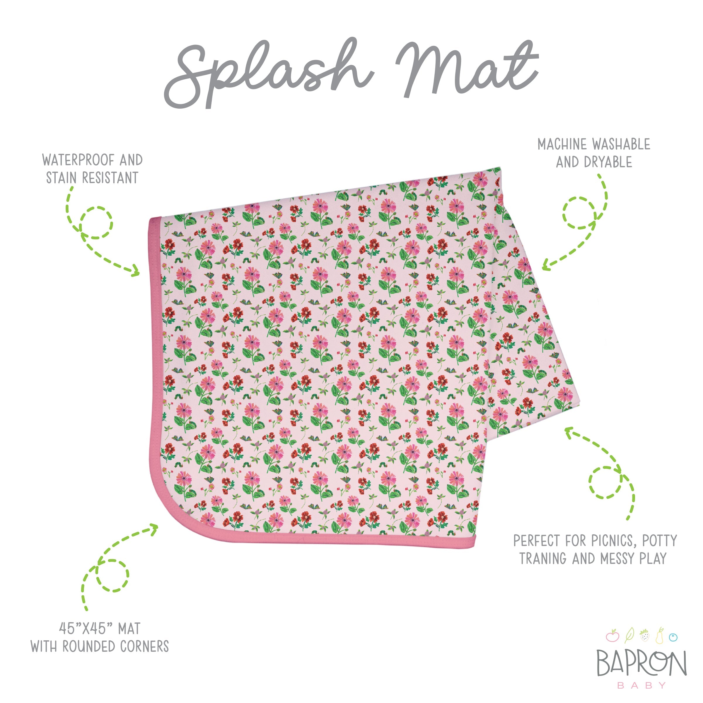 Pink Floral Caterpillar Splash Mat - from the World Of Eric Carle - A Waterproof Catch-All for Highchair Spills and More!  BapronBaby