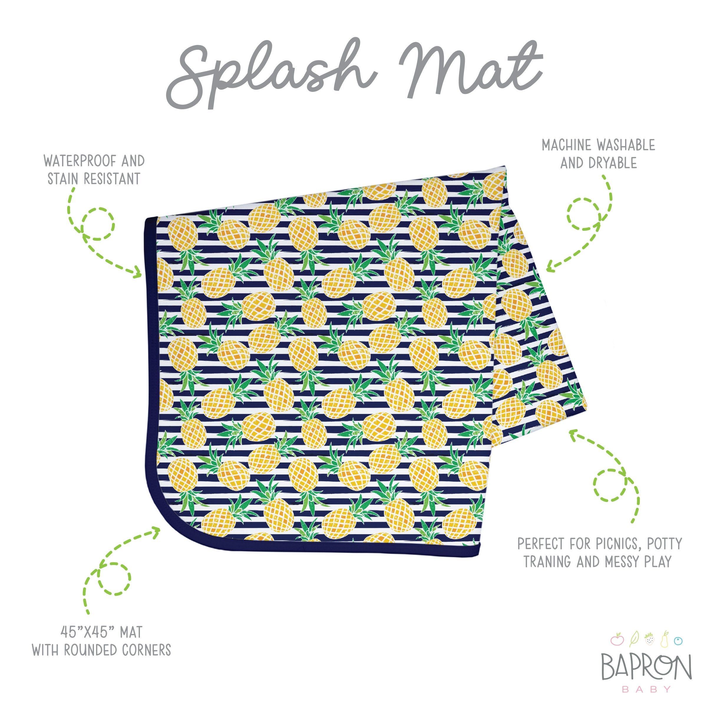 Summer Stripes - Pineapple - Splash Mat - A Waterproof Catch-All for Highchair Spills and More! BapronBaby