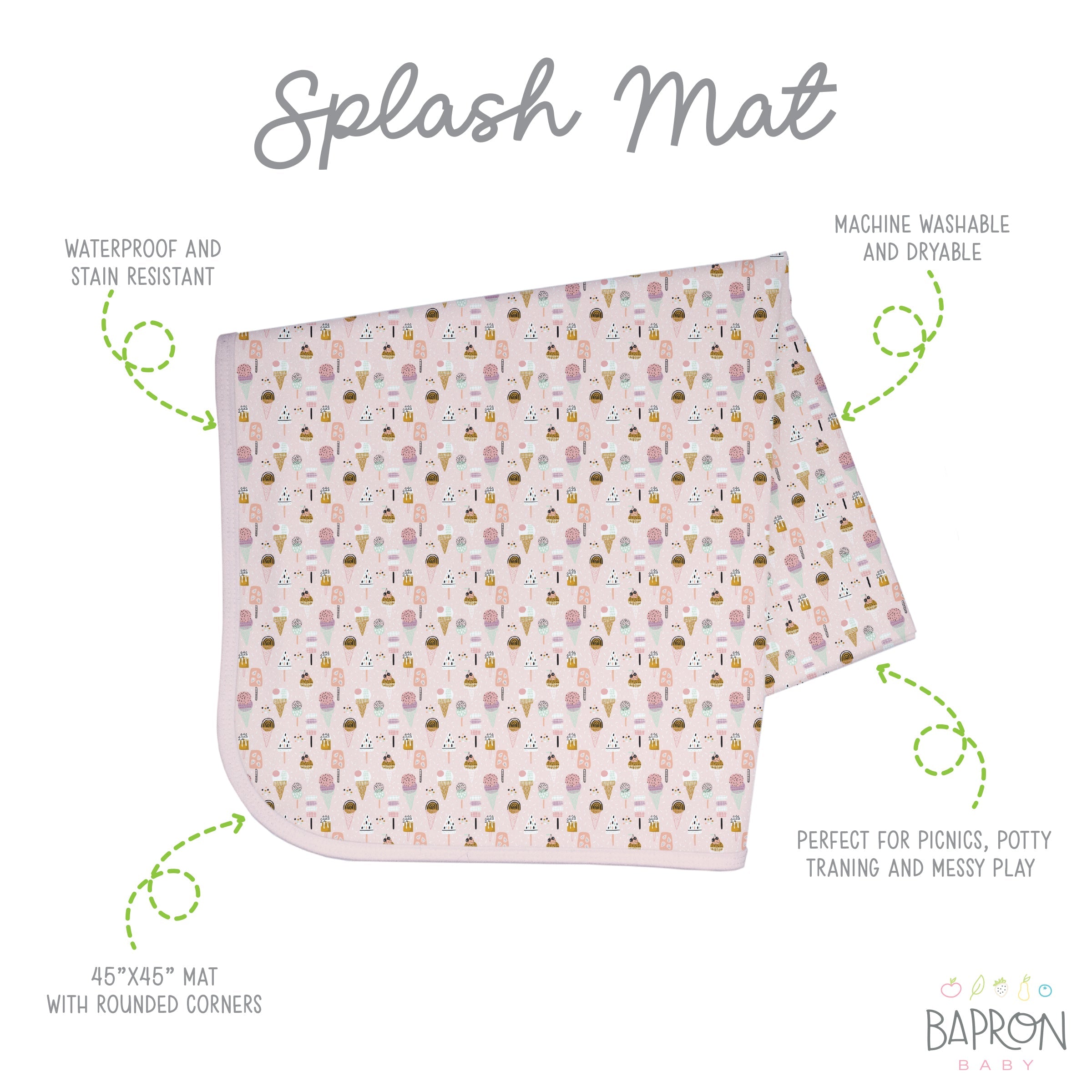 Pink Ice Cream Splash Mat - A Waterproof Catch-All for Highchair Spills and More!  BapronBaby