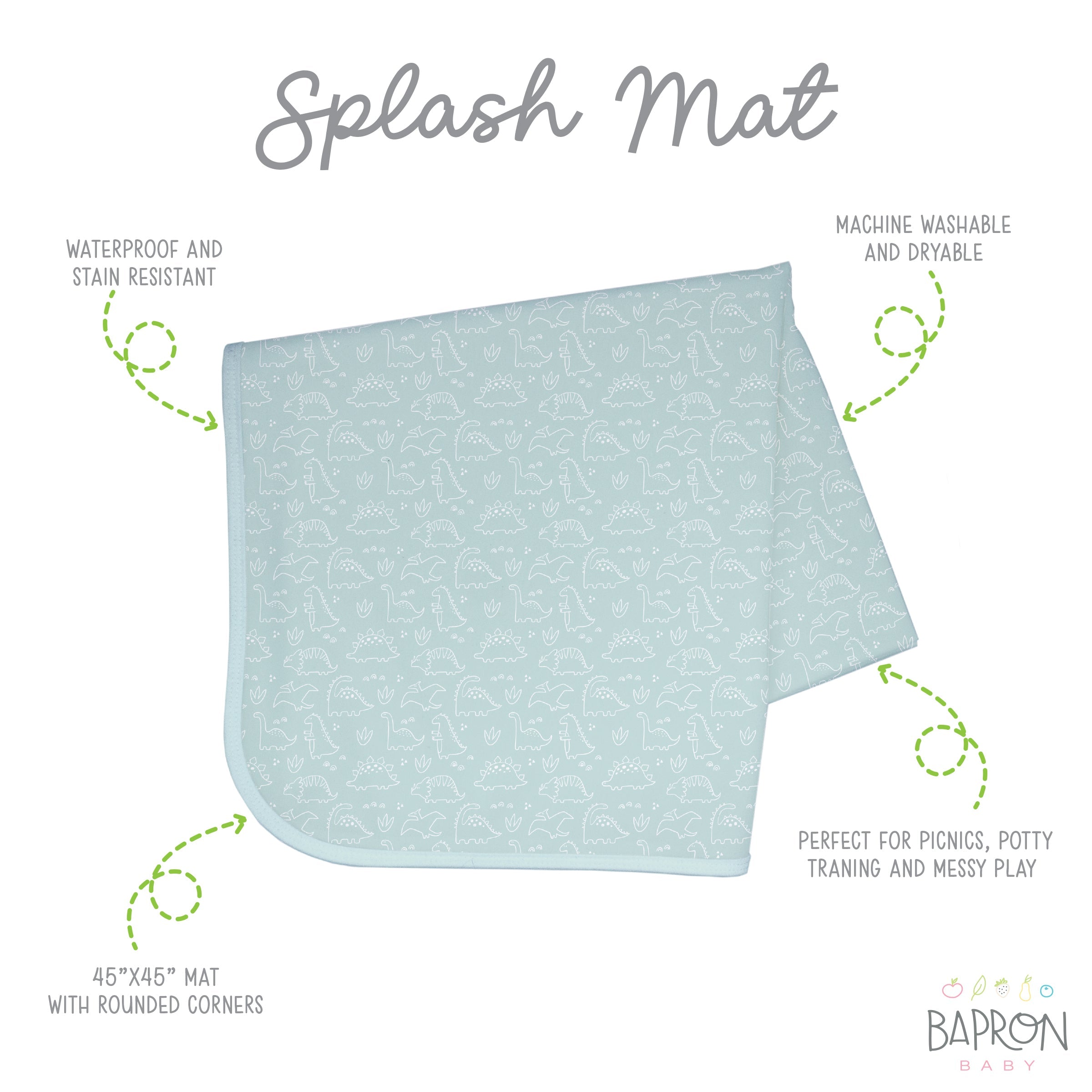 Dino Friends - Sage Splash Mat - A Waterproof Catch-All for Highchair Spills and More!  BapronBaby